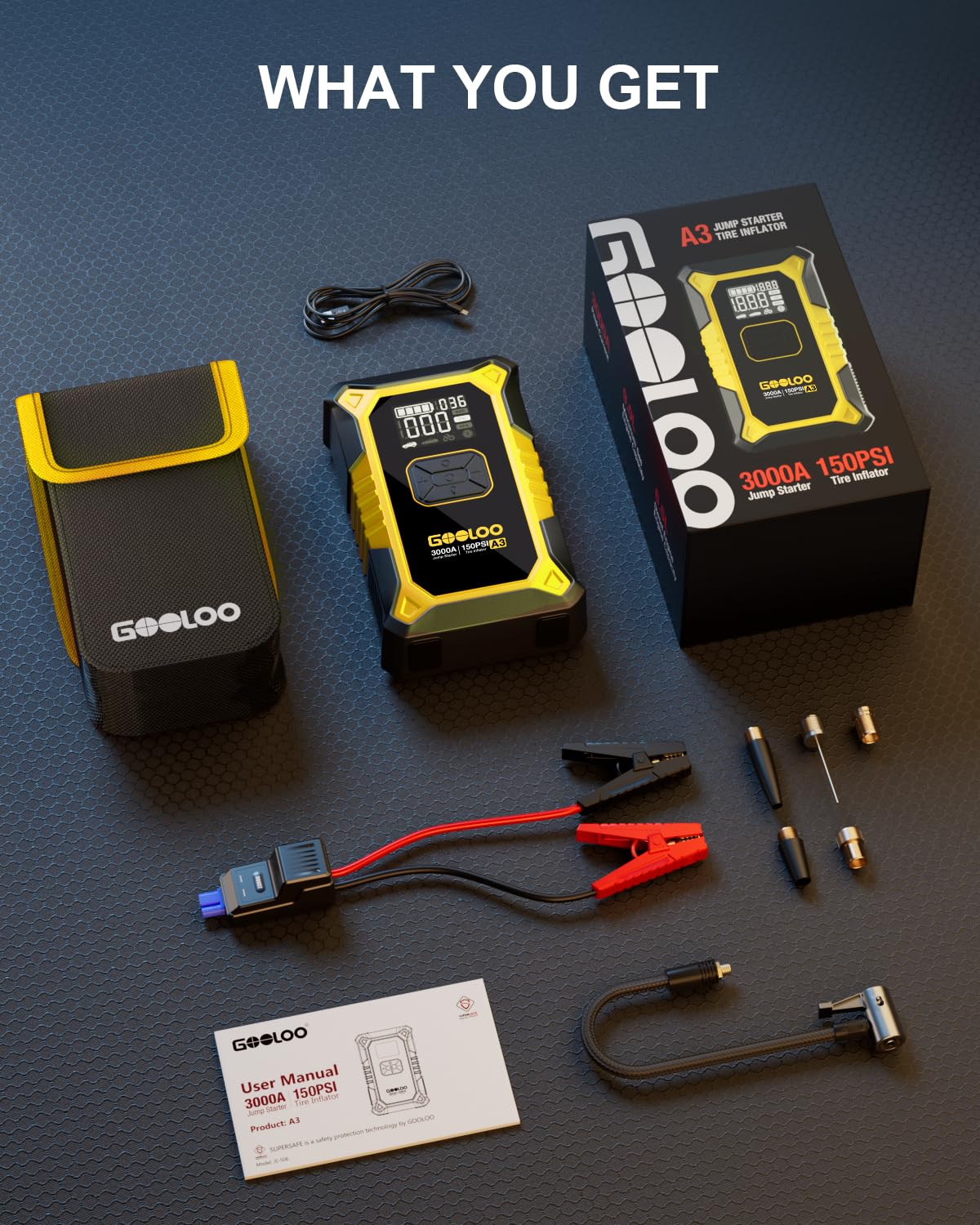 GOOLOO A3 Jump Starter with Air Compressor, 3000A Portable Car Battery Booster (9.0 Gas/6.5L Diesel) with 150PSI Auto-Shutoff Tire Inflator, 12V Supersafe Lithium Jump Box Car Battery Jumper Starter
