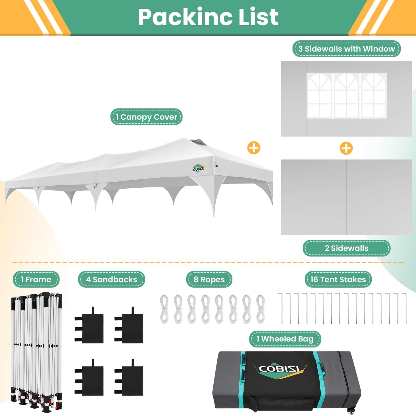 COBIZI 10x20 Pop Up Canopy Tent, Outdoor Party Tent with 4 Sidewalls, 1 Person Easy Set up, Tents for Parties with Fluorescent Strip & 4 Sandbags, Waterproof UPF50+, 3 Adjustable Height, Gray