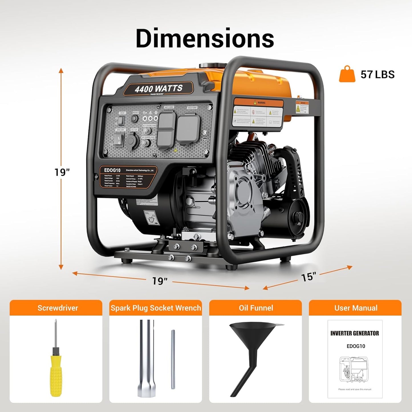 EFURDEN 4400-Watts Portable Inverter Generator, Open Frame Generator Gas Powered, Cold Start Technolog, with ECO Mode and Fuel Gauge, Home Backup Power
