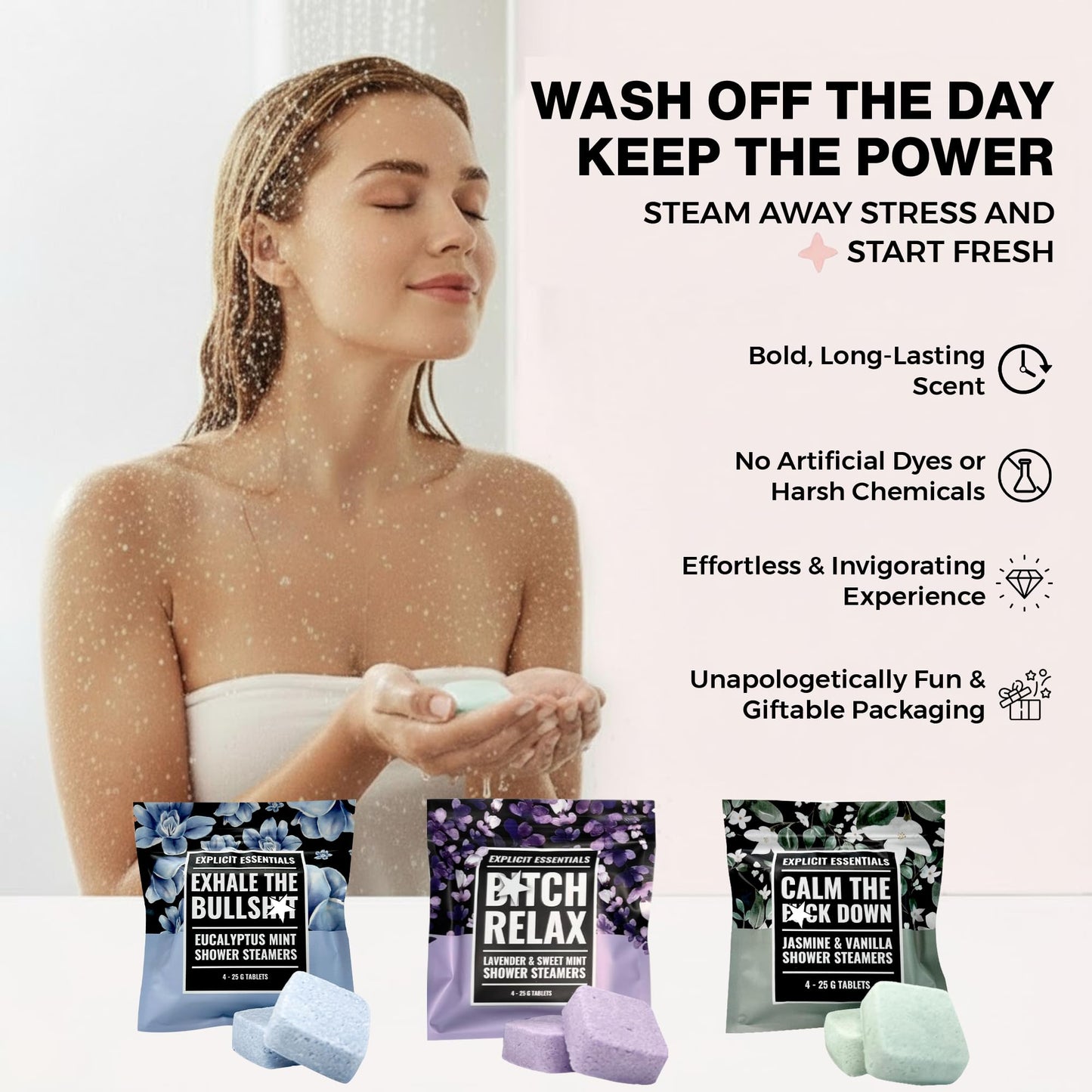 Explicit Essentials Shower Steamers Gift Set | 4 Funny Handmade Aromatherapy Shower Bombs | Relaxation & Stress Relief Spa Gift for Self-Care, Birthdays & Holidays