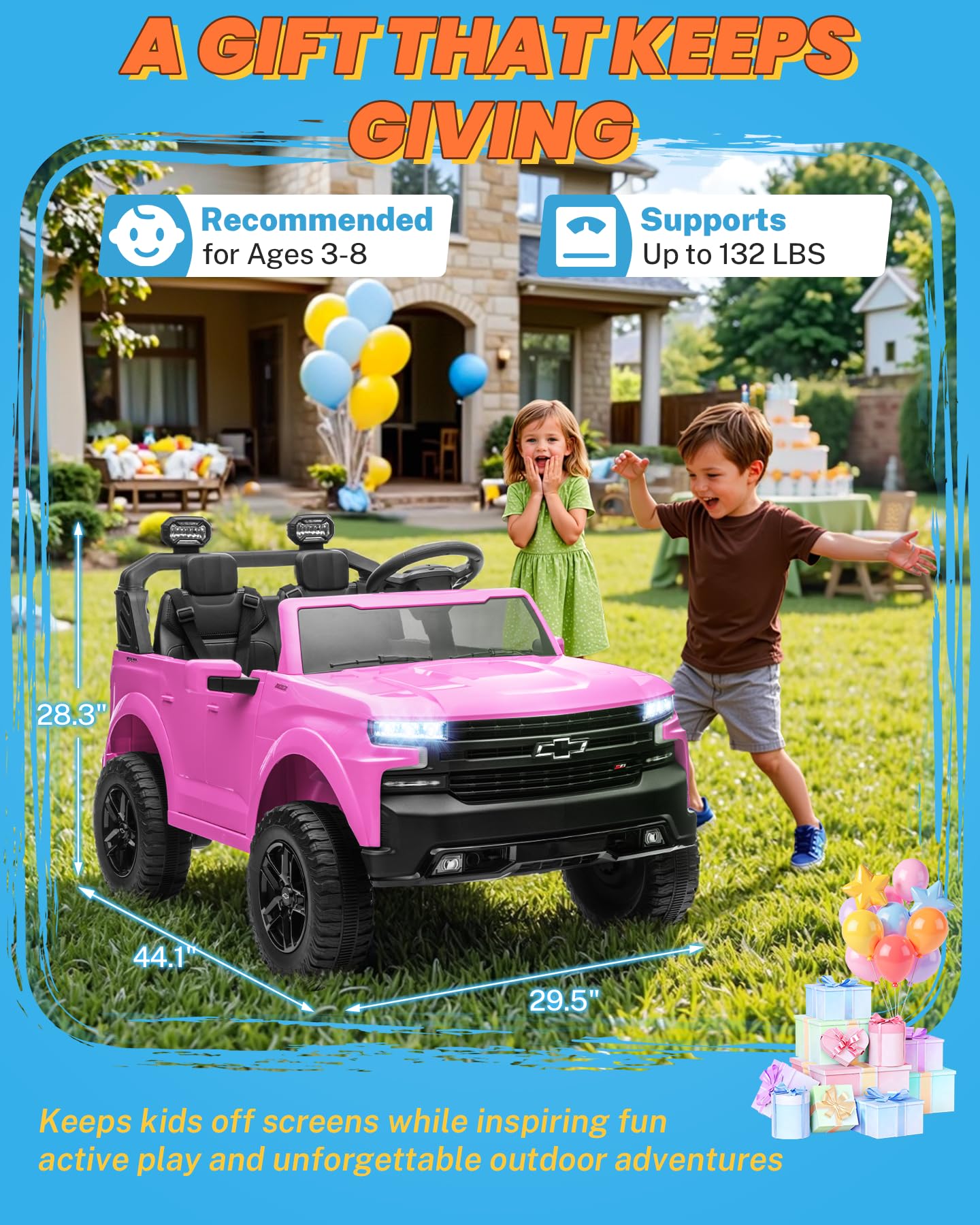 ENYOPRO 24V Ride on Toys, Licensed Chevrolet Silverado LT Trail Boss 2 Seater Ride on Car for Kids, Toddler Electric Car w/Remote Control, Safety Belt, Truck Bed Storage, LED Lights, Bluetooth, Black