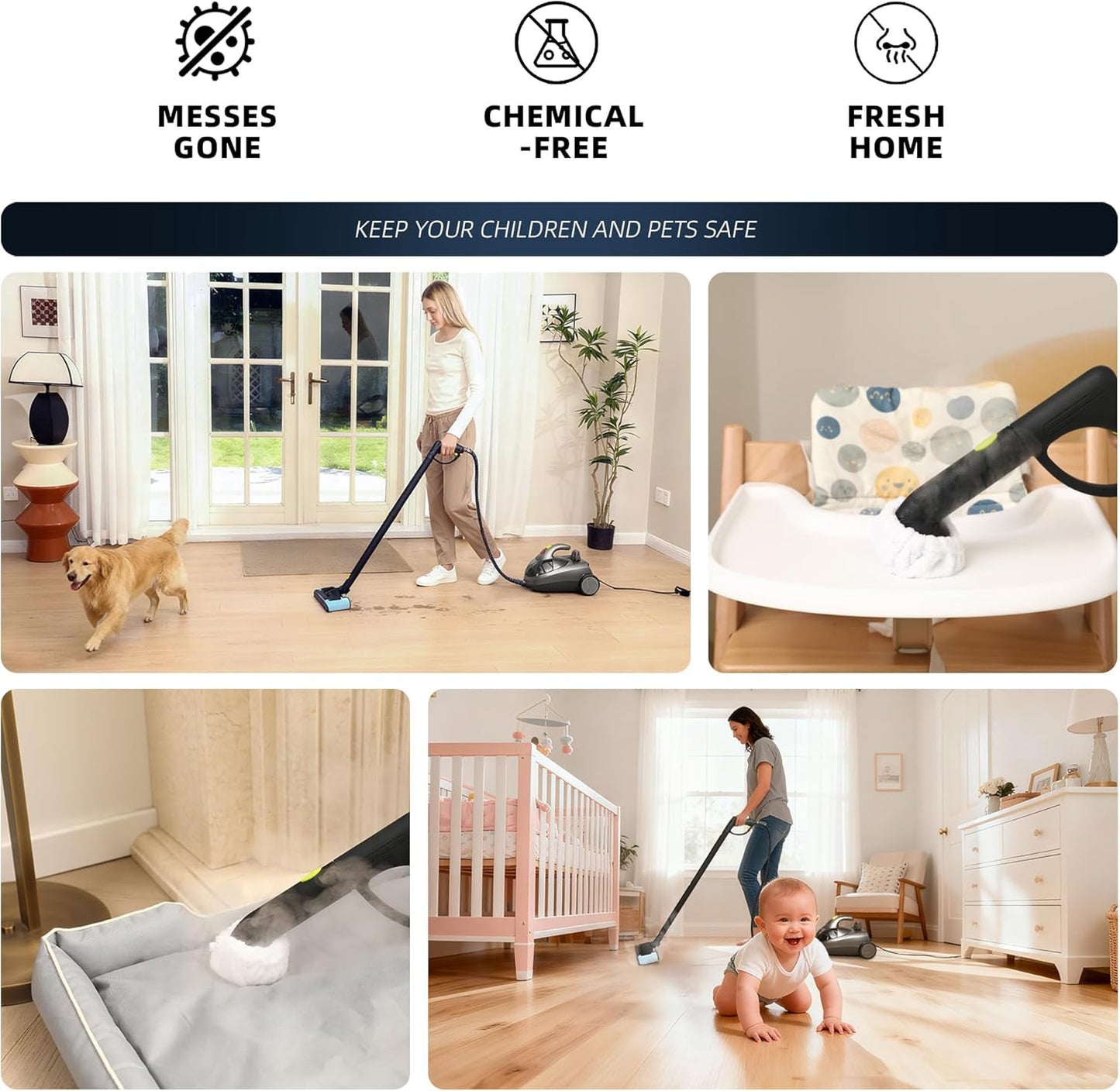 Heavy-Duty Steam Cleaner - 1500W Multipurpose Handheld Floor Steamer with 22 Accessories 16ft Cord for Home, Car Detailing, Tile, Grout, Carpet, Wallpaper, Upholstery, Window, Deep Cleaning
