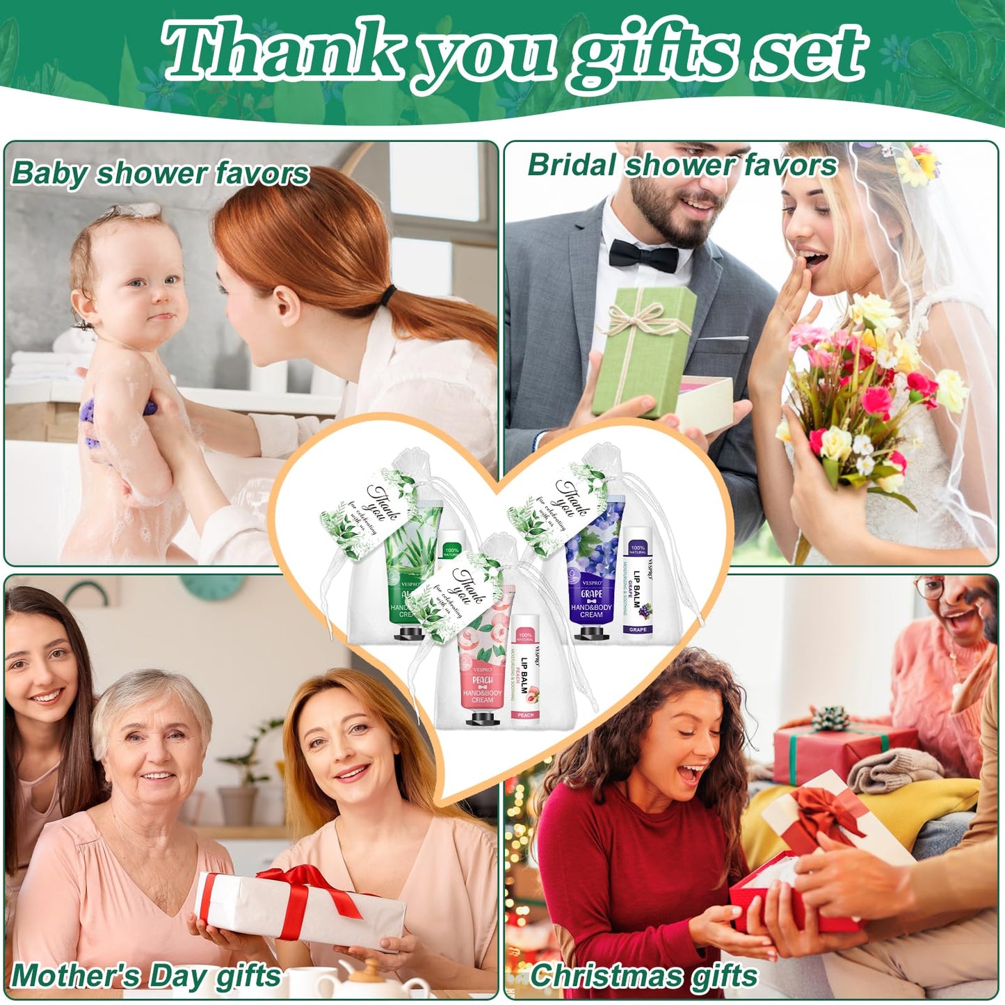 VESPRO 30 Pack Bulk Hand Cream and Bulk Lip Balm Sets, Mothers Day Gifts, Wedding Favors for Guests with Thank You Card and Organza Bags, Birthday Gift, Teacher Appreciation Gifts and Nurse Gift