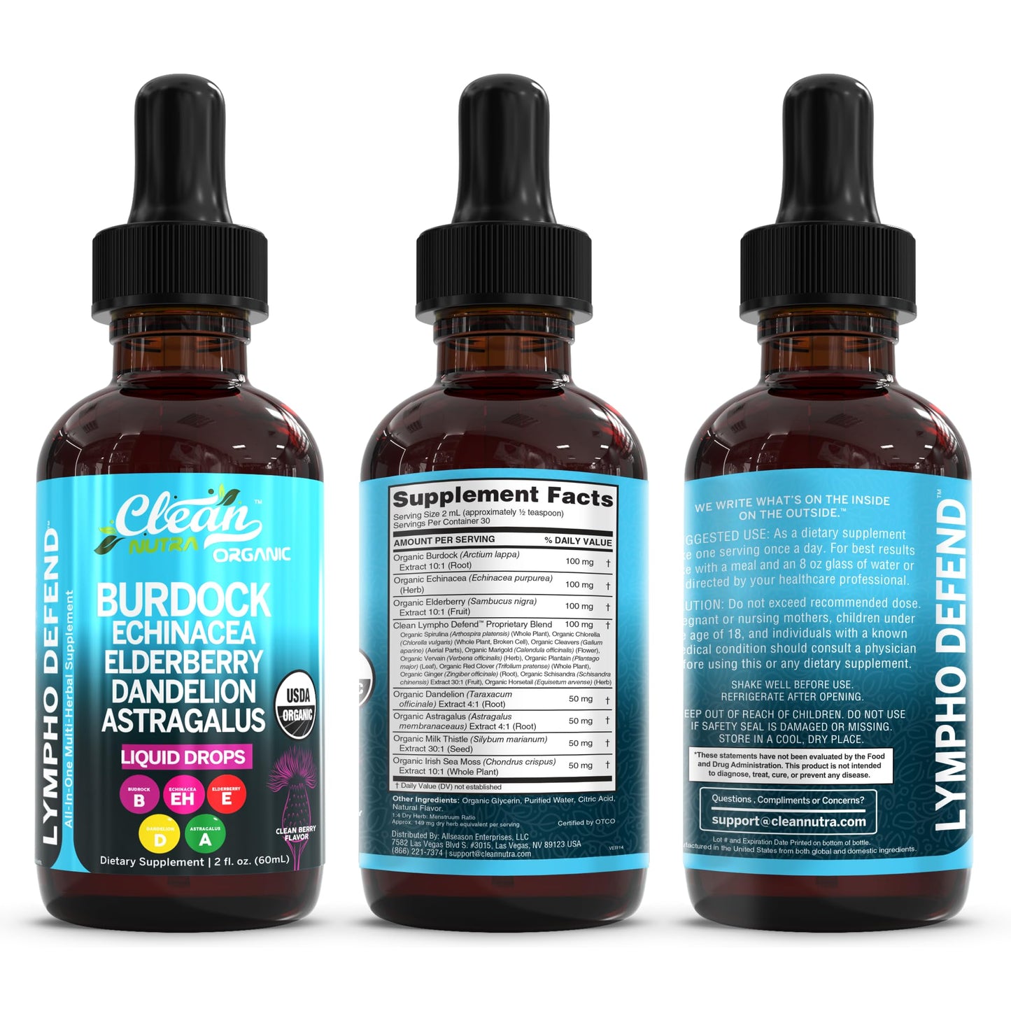 Organic Lymphatic Drainage Supplement | Lymphatic Support Drops | Burdock Root Echinacea Elderberry Dandelion Astragalus Milk Thistle Sea Moss Red Clover Cleanse Marigold Drop By Clean Nutra