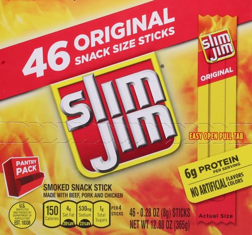 Slim Jim Smoked Meat Sticks, Original Flavor, 6g Protein Per Serving, Snack Size, 0.28 oz. (46 Count)