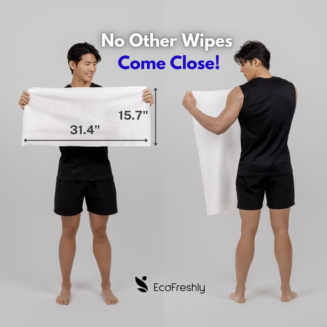 Shower Wipes for Adults — 31"x15" No Rinse Body Bath Wipes, Biodegradable & Individually Wrapped, Rinse Free for Camping, Travel, Gym, Post-Workout (5-Count)