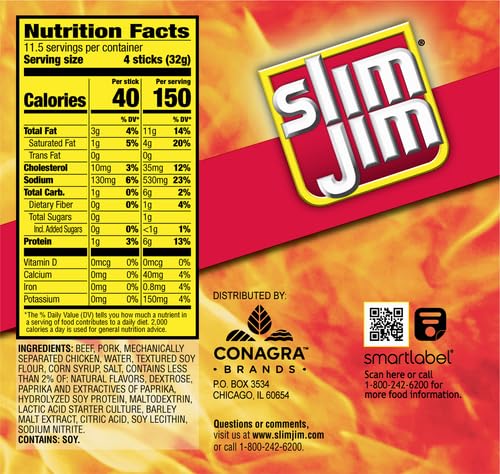 Slim Jim Smoked Meat Sticks, Original Flavor, 6g Protein Per Serving, Snack Size, 0.28 oz. (46 Count)