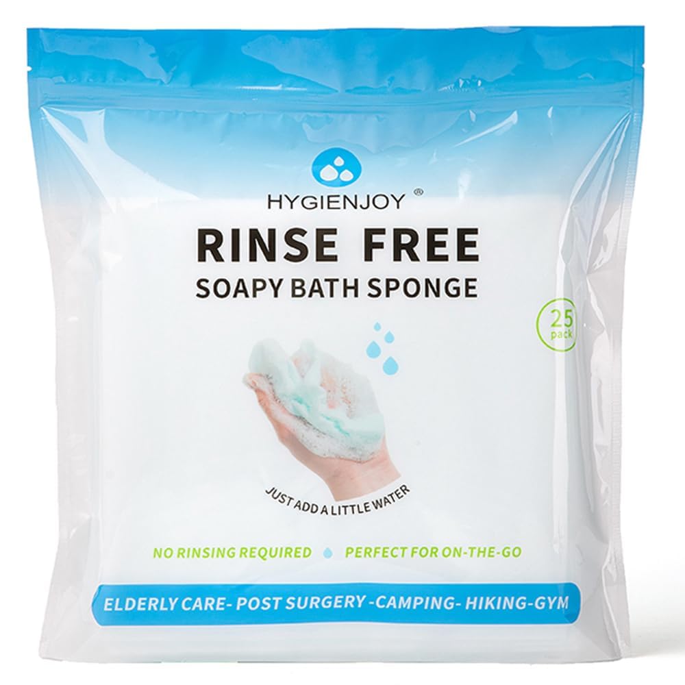 HYGIENJOY-21% Larger,No Rinse Bathing Wipes for Adults-Rinse Free Bath Sponges,Soap Infused,Dry Shower Wipes for Elderly,For Camping,Hiking,GYM,Post Surgery Must Haves, (25 Counts)