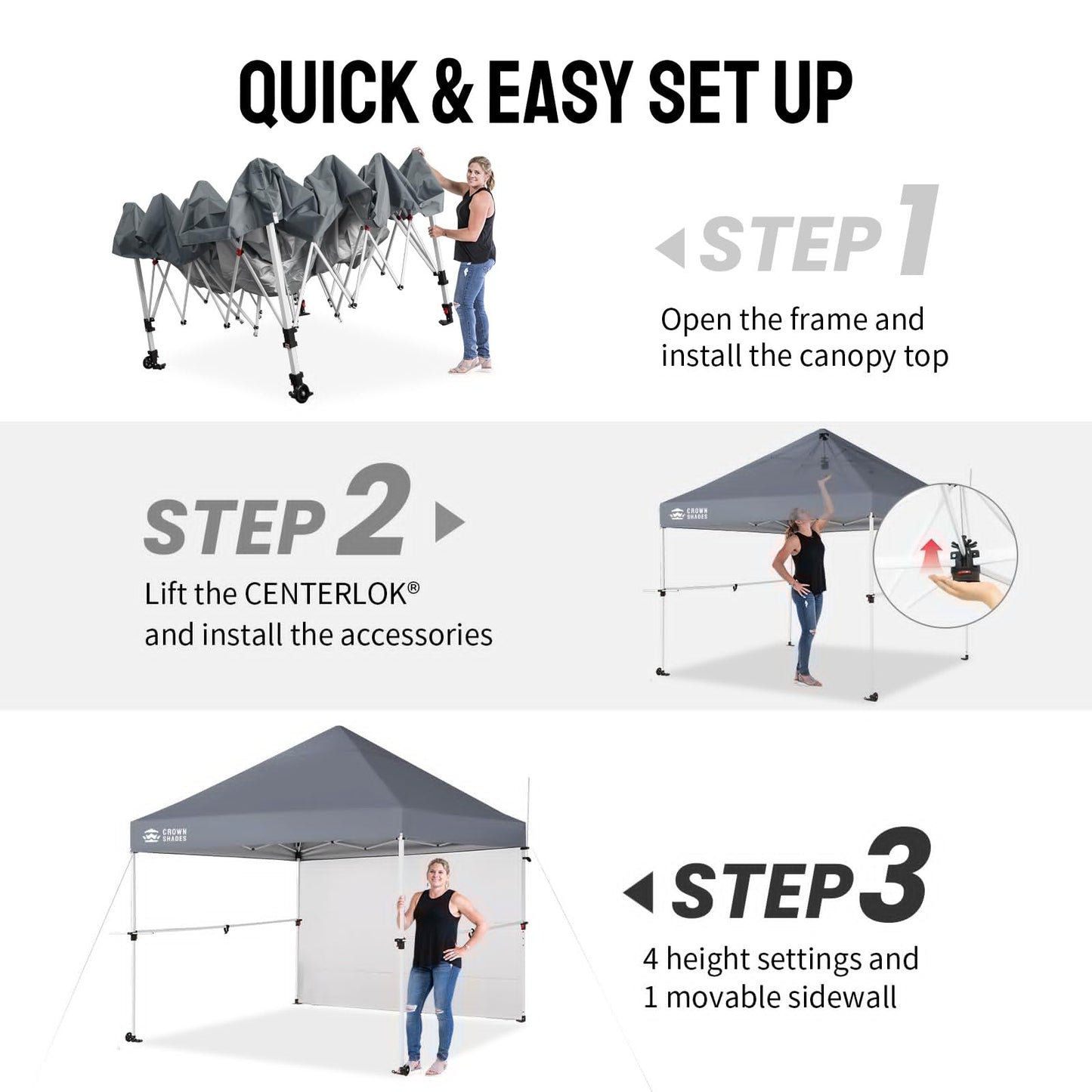 CROWN SHADES 10x10 Pop Up Commercial Canopy Tent, Patented One Push Setup, Heavy Duty Vendor Tent, 1 Removable Sidewall, 4" Wheels, Sto'N Go Bag, 400D Silver Coated, UPF 50+ Waterproof, Blue