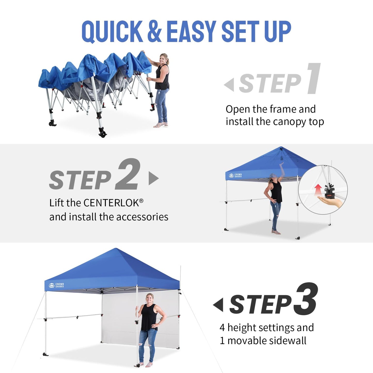 CROWN SHADES 10x10 Pop Up Commercial Canopy Tent, Patented One Push Setup, Heavy Duty Vendor Tent, 1 Removable Sidewall, 4" Wheels, Sto'N Go Bag, 400D Silver Coated, UPF 50+ Waterproof, Blue