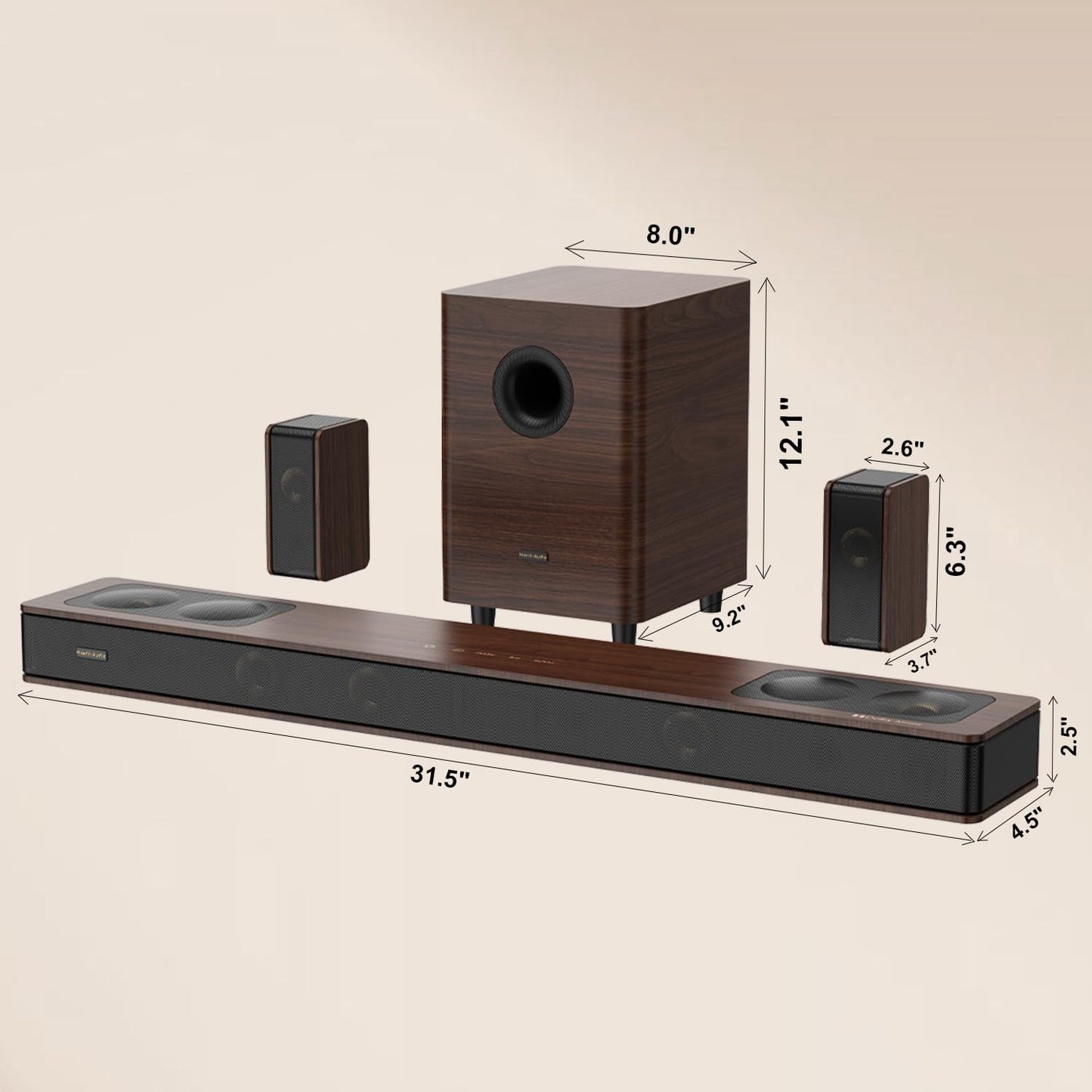 Flagship 5.3.4 Surround Sound System with Dolby Atmos, Soundbar with 2 Wireless Surrounds, 28Hz BassCoupling Tech, 800W Home Theater Sound Bar for Smart TV w/eARC, BT 5.4, Color: Brown
