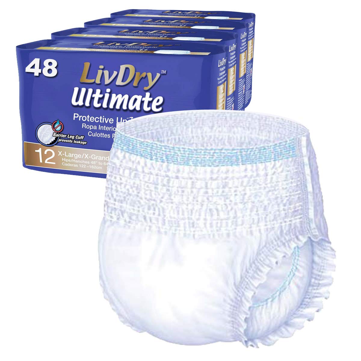LivDry Ultimate XL Adult Incontinence Underwear, Max Absorbent Adult Diapers with Leak Protection, X-Large, 12-Pack