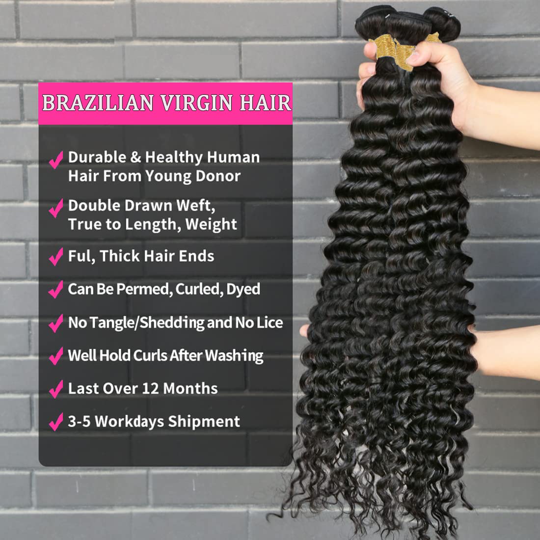 Closure with Bundles (16 18 20 22+14 Closure) Free Part Deep Wave 4 Bundles with 4x4 Lace Closure 100% Unprocessed Brazilian Virgin Remy Hair Curly Bundles Hair Extension Double Weft Natural Color