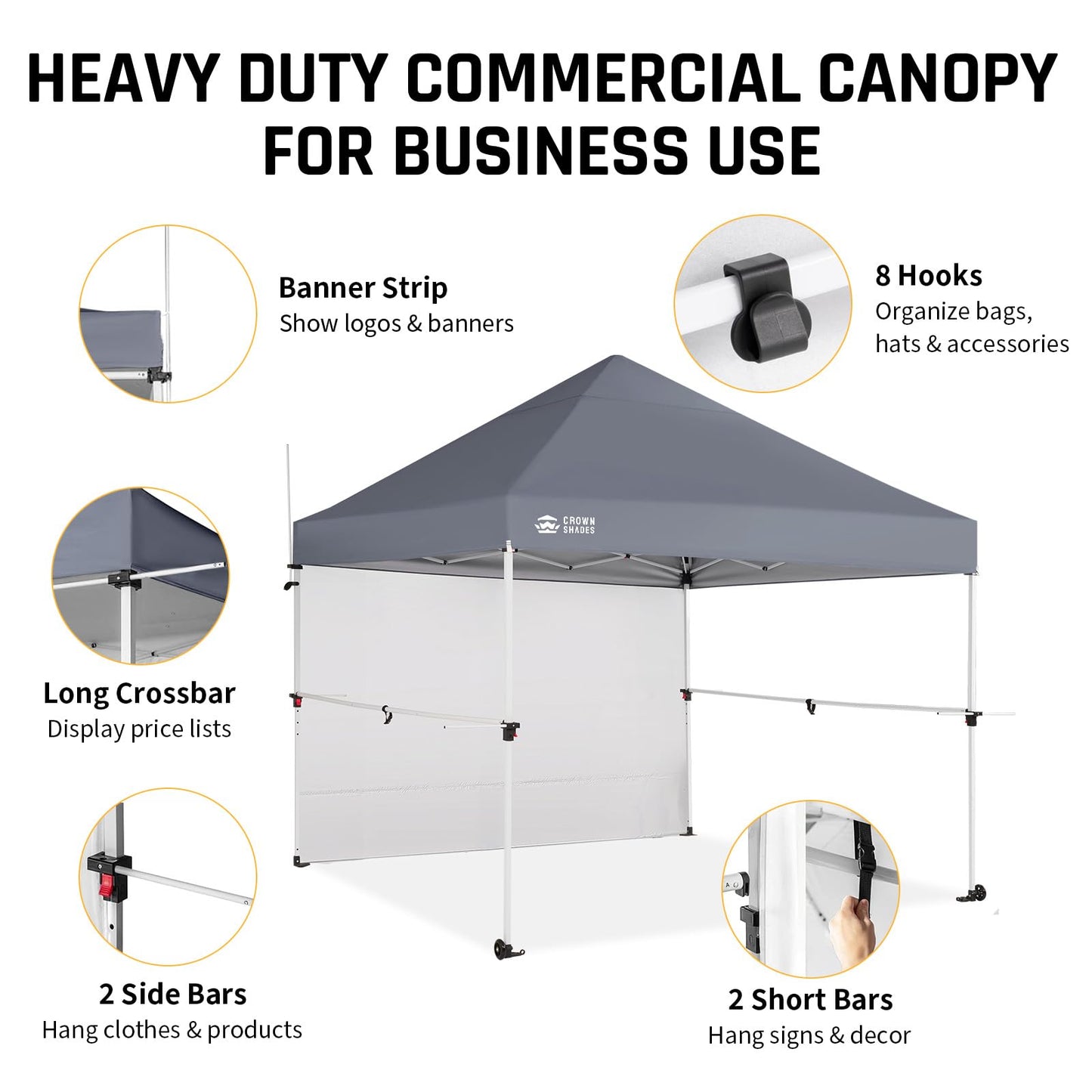 CROWN SHADES 10x10 Pop Up Commercial Canopy Tent, Patented One Push Setup, Heavy Duty Vendor Tent, 1 Removable Sidewall, 4" Wheels, Sto'N Go Bag, 400D Silver Coated, UPF 50+ Waterproof, Blue
