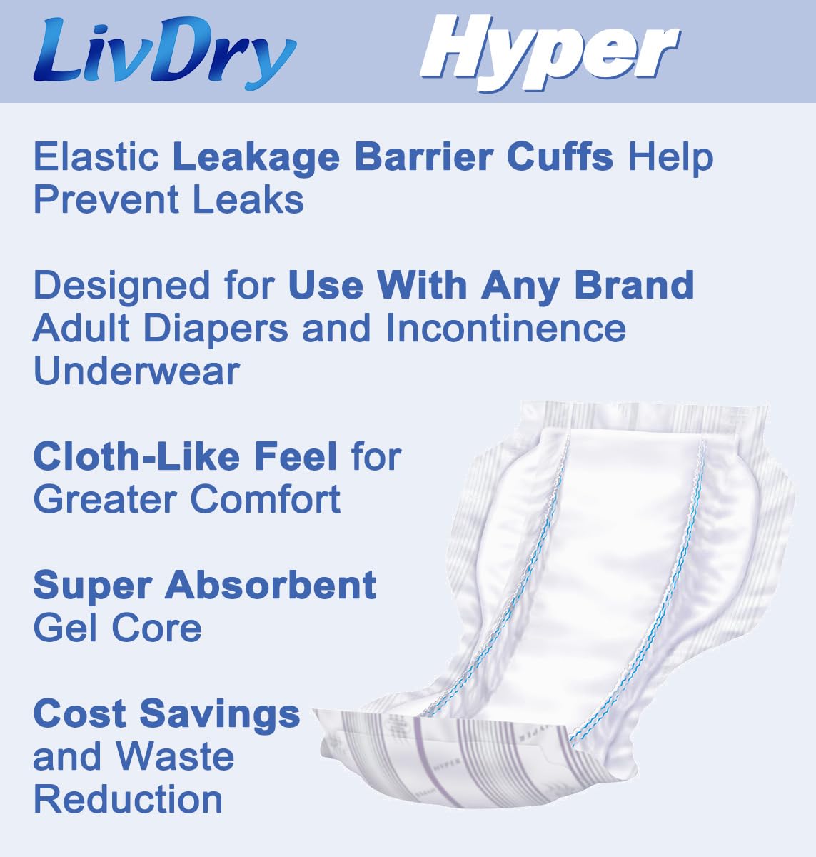 LivDry High Absorbency Pad Insert for Incontinence Briefs and Adult Diapers, Women and Men, Hyper 2400 (18 Count)