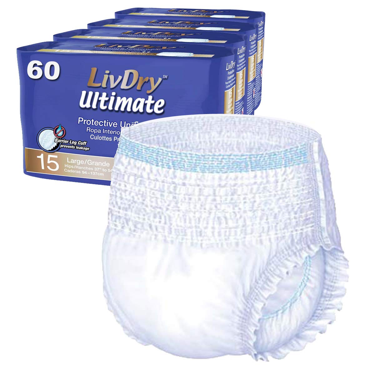 LivDry Ultimate XL Adult Incontinence Underwear, Max Absorbent Adult Diapers with Leak Protection, X-Large, 12-Pack