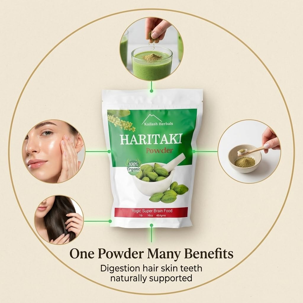 Kailash Herbals Organic Haritaki Powder | The King of Herbs |1 Pound (16 oz) – Terminalia Chebula – Ayurvedic Digestive, Pineal Gland Support – Vegan, Non-GMO