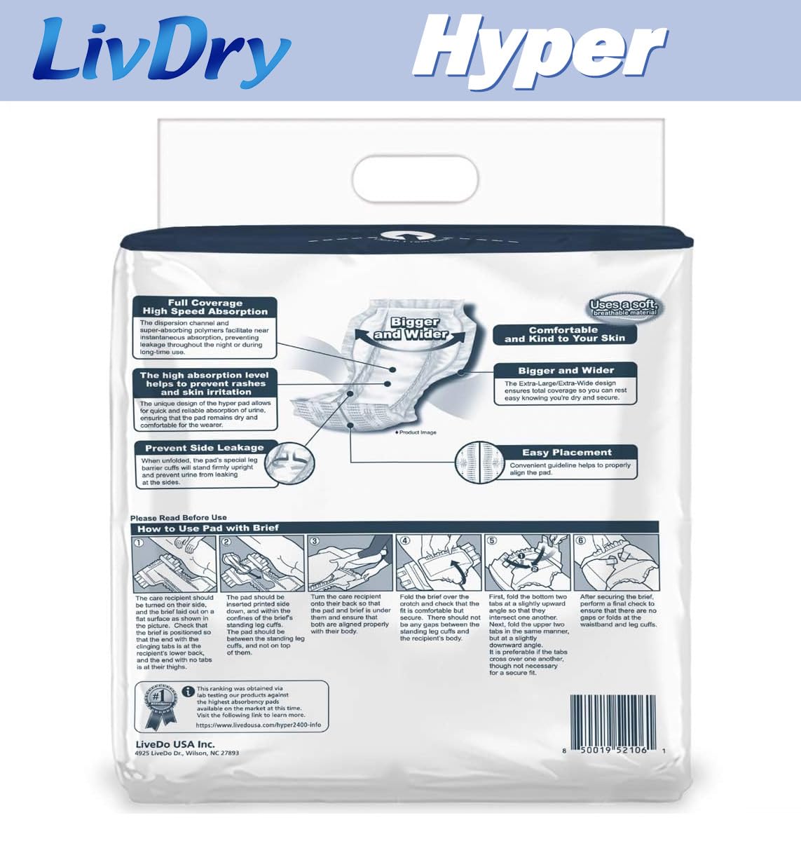LivDry High Absorbency Pad Insert for Incontinence Briefs and Adult Diapers, Women and Men, Hyper 2400 (18 Count)