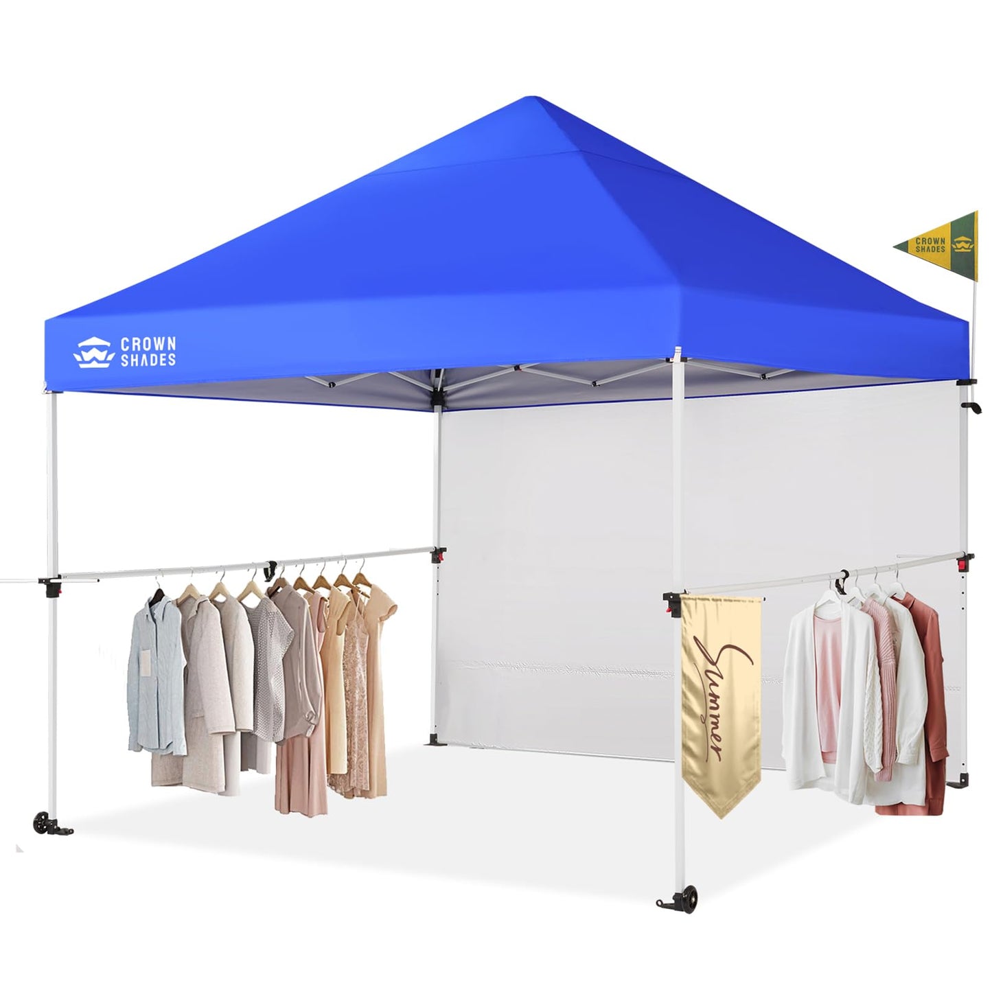 CROWN SHADES 10x10 Pop Up Commercial Canopy Tent, Patented One Push Setup, Heavy Duty Vendor Tent, 1 Removable Sidewall, 4" Wheels, Sto'N Go Bag, 400D Silver Coated, UPF 50+ Waterproof, Blue