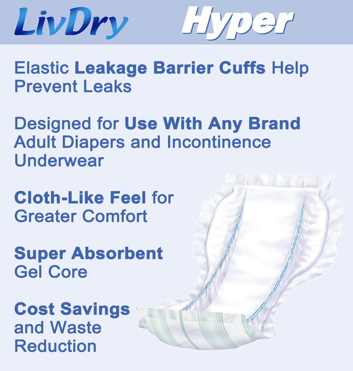 LivDry High Absorbency Pad Insert for Incontinence Briefs and Adult Diapers, Women and Men, Hyper 2400 (18 Count)