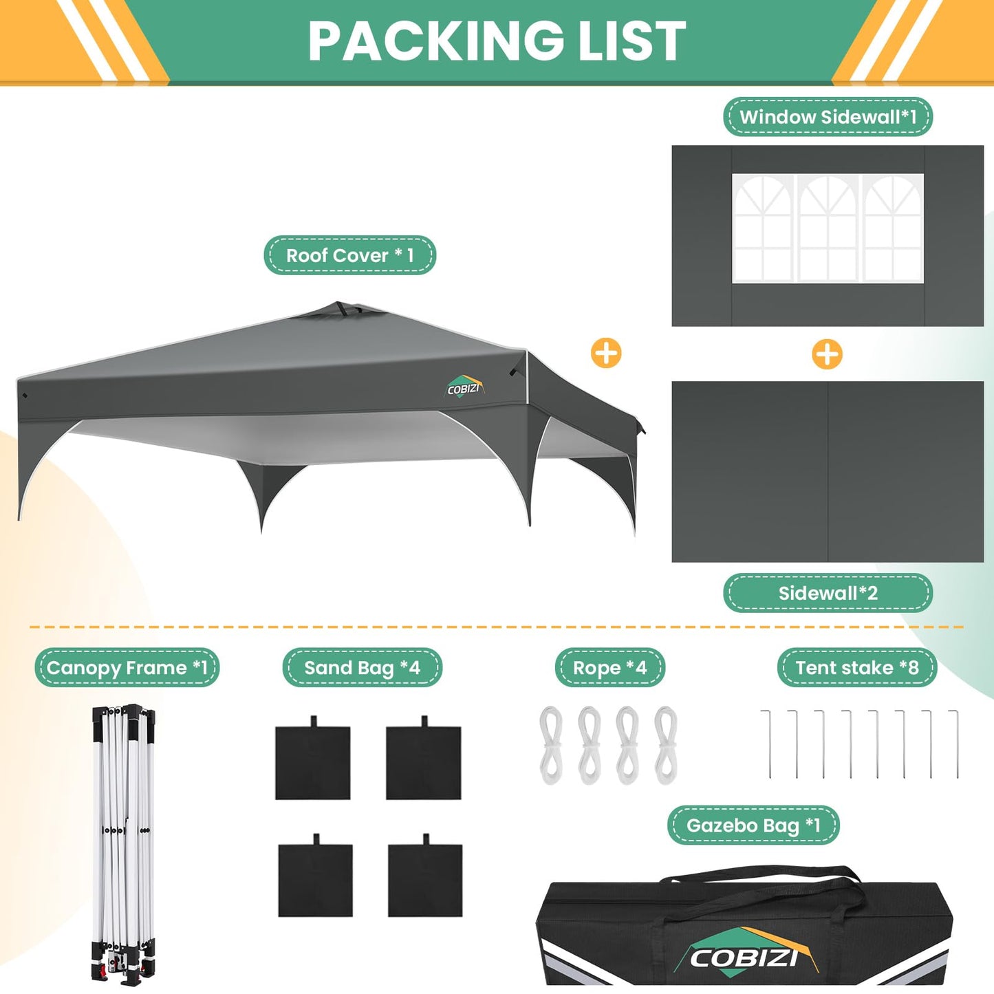 COBIZI 10x20 Pop Up Canopy Tent, Outdoor Party Tent with 4 Sidewalls, 1 Person Easy Set up, Tents for Parties with Fluorescent Strip & 4 Sandbags, Waterproof UPF50+, 3 Adjustable Height, Gray