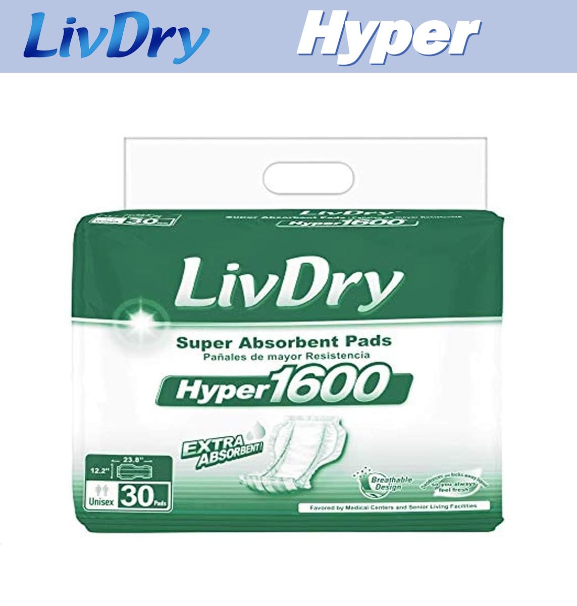 LivDry High Absorbency Pad Insert for Incontinence Briefs and Adult Diapers, Women and Men, Hyper 2400 (18 Count)