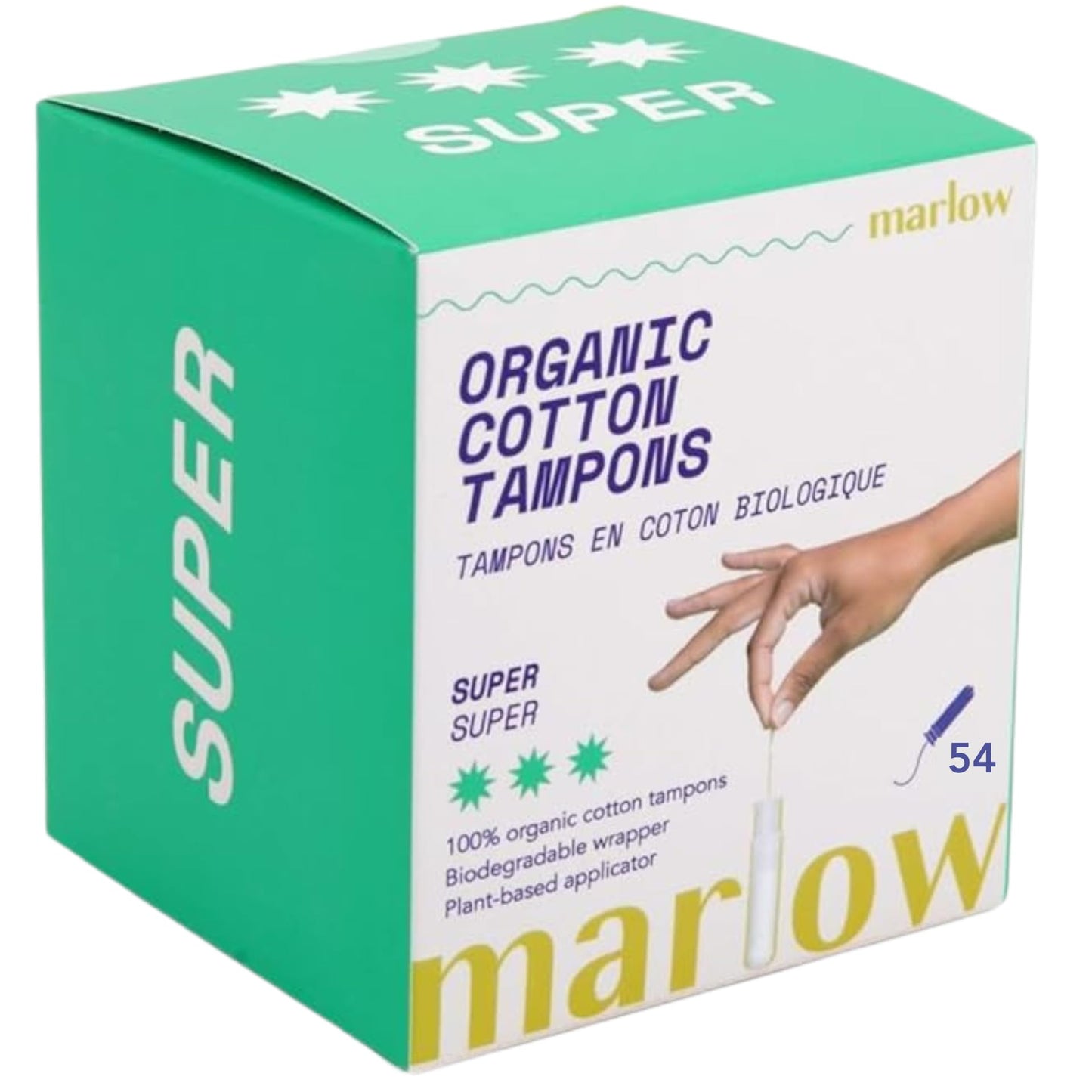 Marlow 100% Organic Cotton Easy Glide Tampons with Compact Plant Based BPA Free Applicator, Chlorine Free, Toxin Free, Hypoallergenic, Dermatologically Tested, Fragrance Free, Super, 18 Count