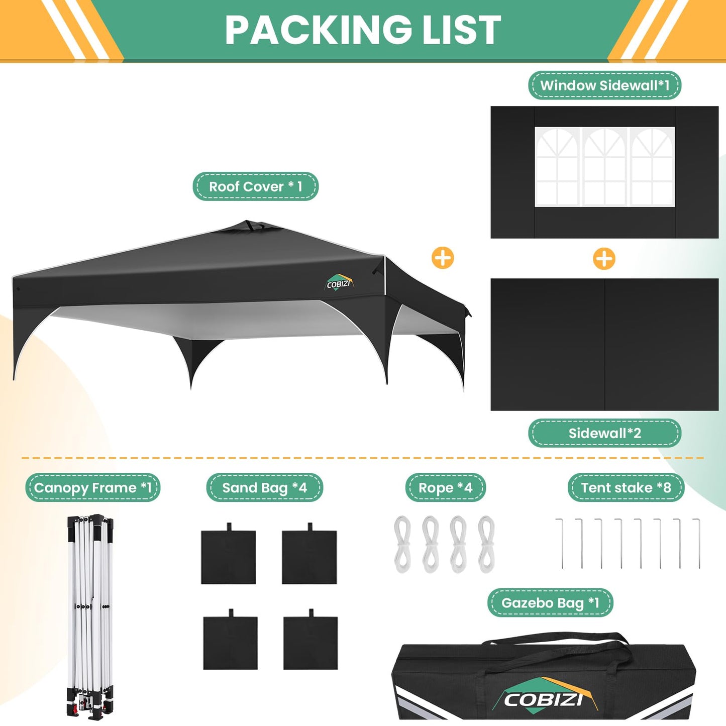 COBIZI 10x20 Pop Up Canopy Tent, Outdoor Party Tent with 4 Sidewalls, 1 Person Easy Set up, Tents for Parties with Fluorescent Strip & 4 Sandbags, Waterproof UPF50+, 3 Adjustable Height, Gray