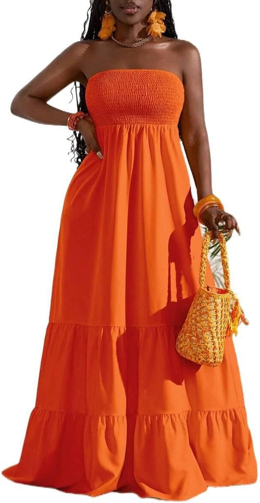 Slaydiva Pleated Decor Solid Color Strapless Maxi Dress, Fashion Design for Vacation