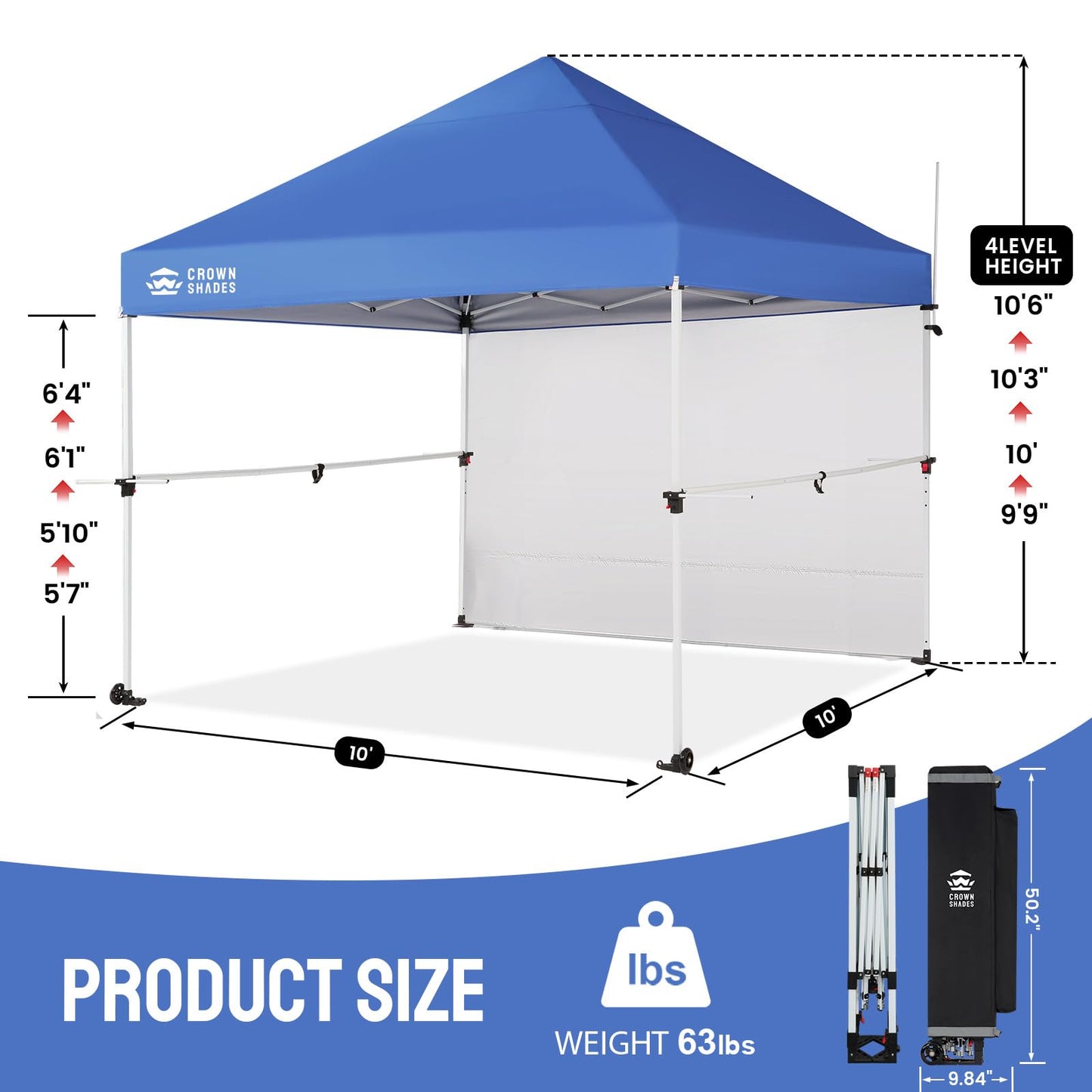 CROWN SHADES 10x10 Pop Up Commercial Canopy Tent, Patented One Push Setup, Heavy Duty Vendor Tent, 1 Removable Sidewall, 4" Wheels, Sto'N Go Bag, 400D Silver Coated, UPF 50+ Waterproof, Blue