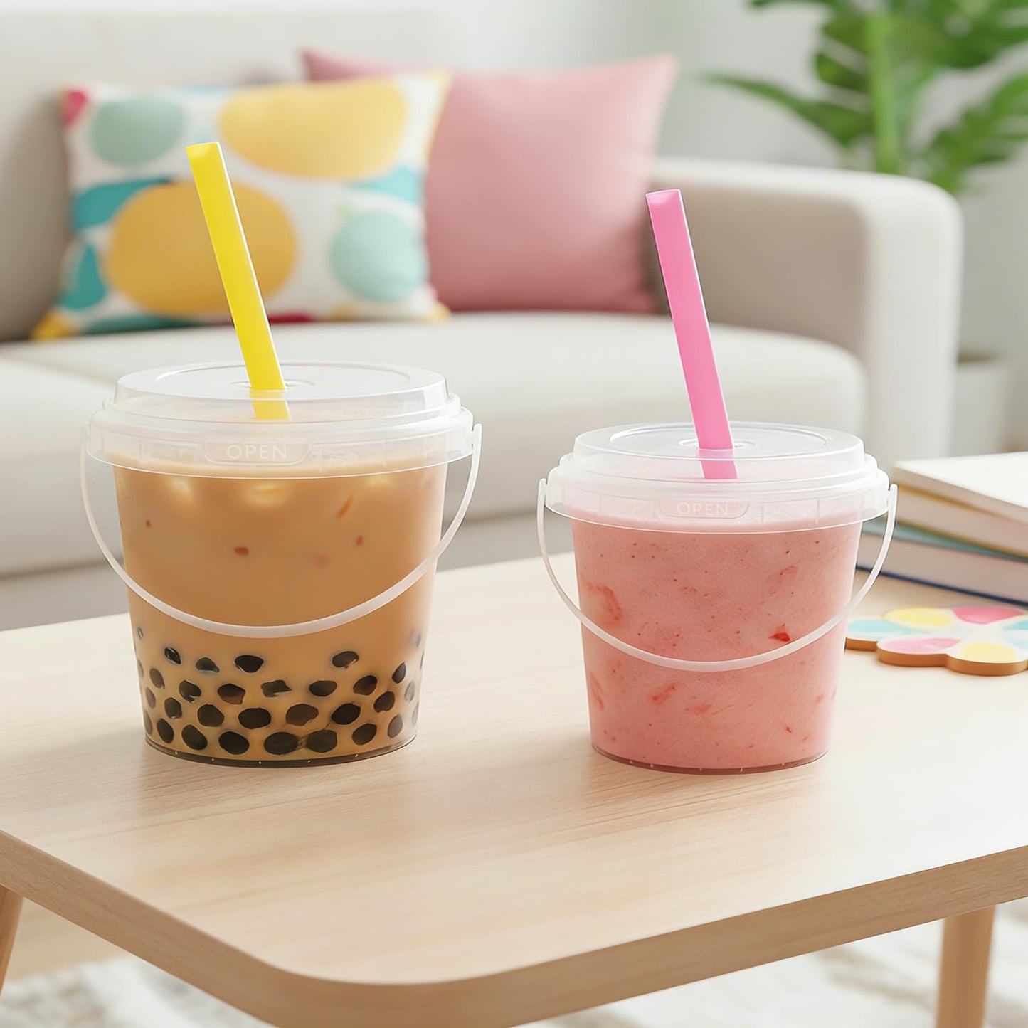 Airtight Clear Plastic Bucket with Lid, Ice Buckets for Parties, Reusable Ice Cream Tub with Handle, Food Storage Container, Food Grade Freezer and Microwave Safe for Sauce, Soup (16 OZ/500 ML)