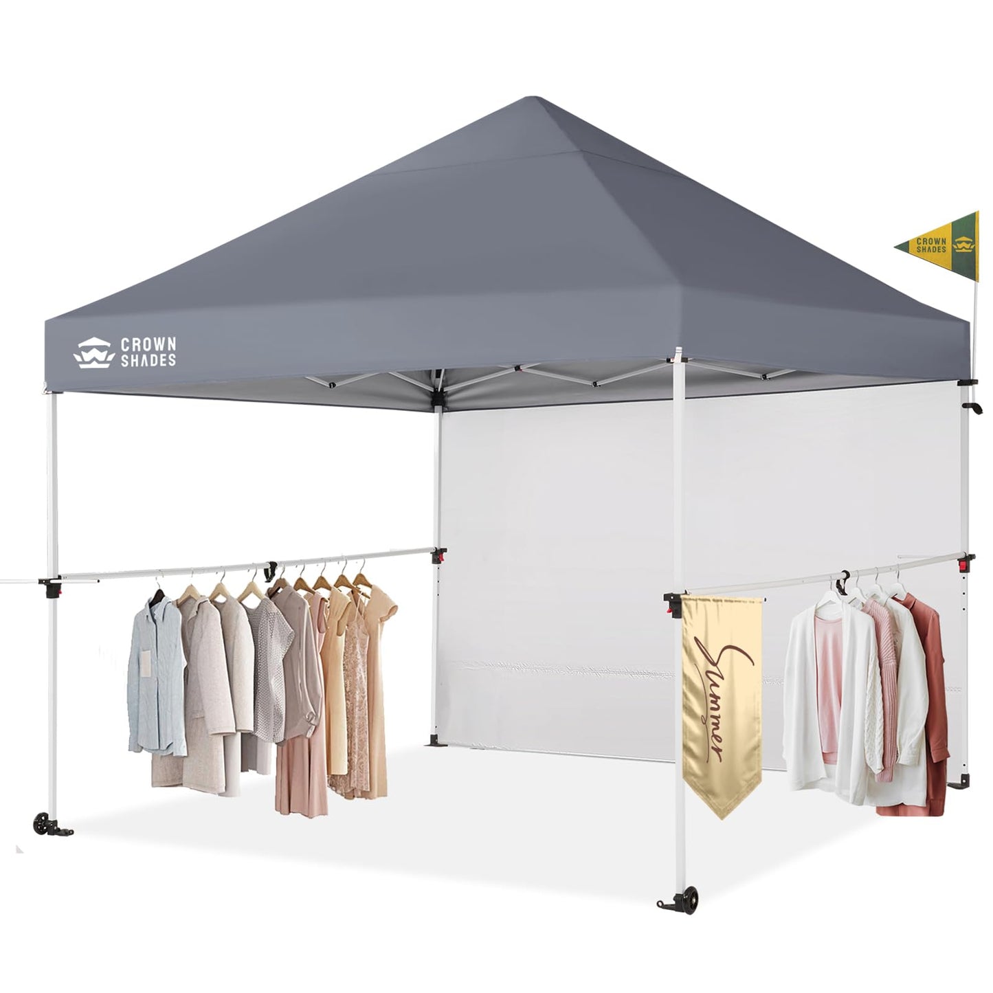 CROWN SHADES 10x10 Pop Up Commercial Canopy Tent, Patented One Push Setup, Heavy Duty Vendor Tent, 1 Removable Sidewall, 4" Wheels, Sto'N Go Bag, 400D Silver Coated, UPF 50+ Waterproof, Blue