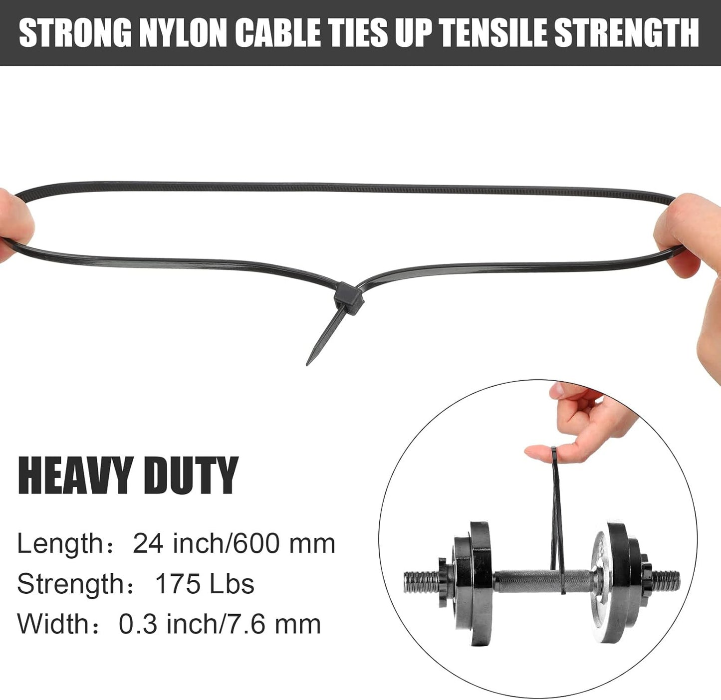 200 Pieces Large Cable Ties 24 Inch Heavy Duty Nylon Zip Ties with 175 Pounds Tensile Strength Self Locking UV Resistant for Indoor and Outdoor Use(Black)