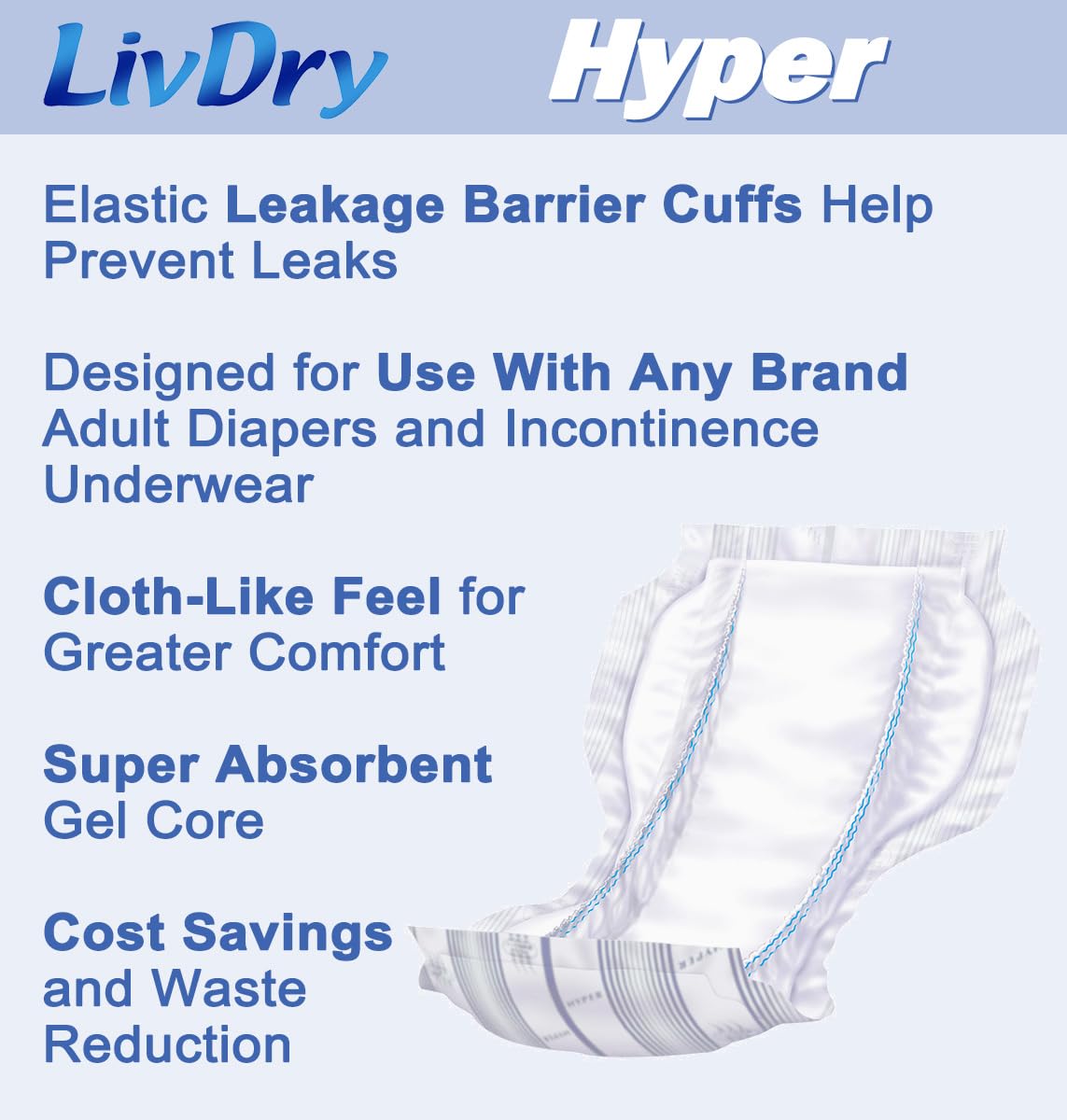 LivDry High Absorbency Pad Insert for Incontinence Briefs and Adult Diapers, Women and Men, Hyper 2400 (18 Count)