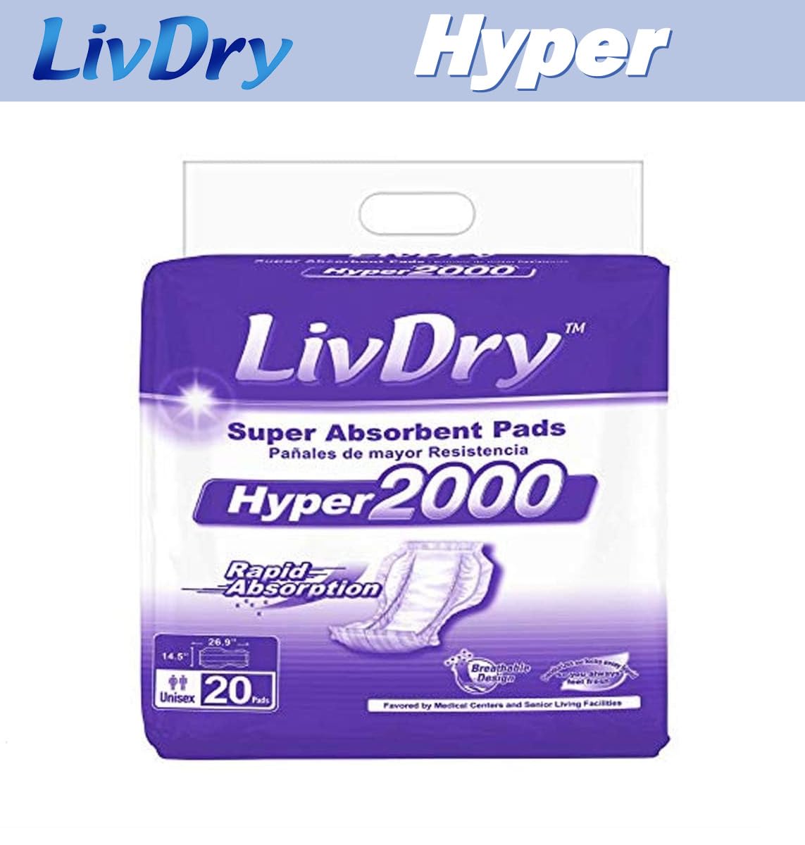 LivDry High Absorbency Pad Insert for Incontinence Briefs and Adult Diapers, Women and Men, Hyper 2400 (18 Count)
