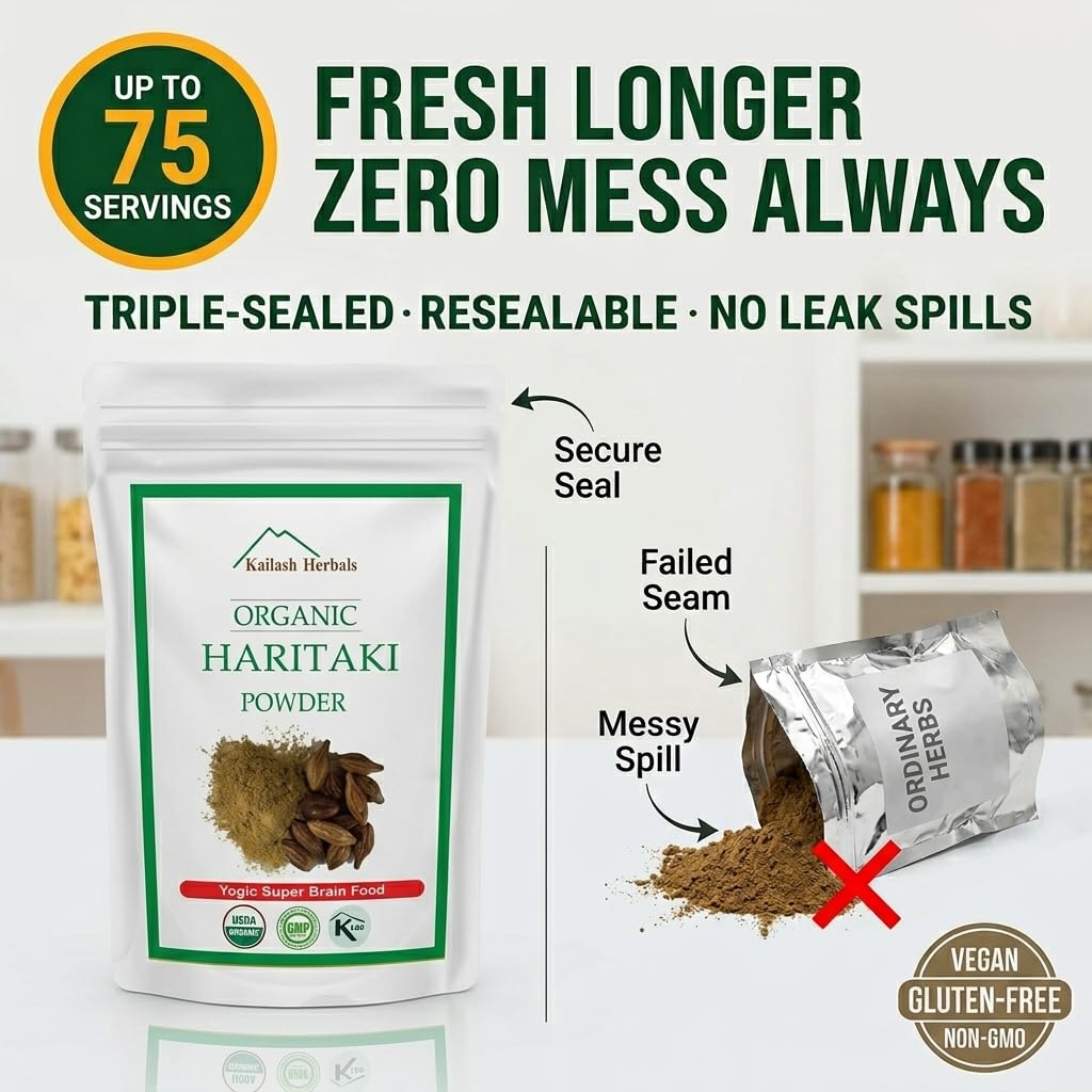 Kailash Herbals Organic Haritaki Powder | The King of Herbs |1 Pound (16 oz) – Terminalia Chebula – Ayurvedic Digestive, Pineal Gland Support – Vegan, Non-GMO