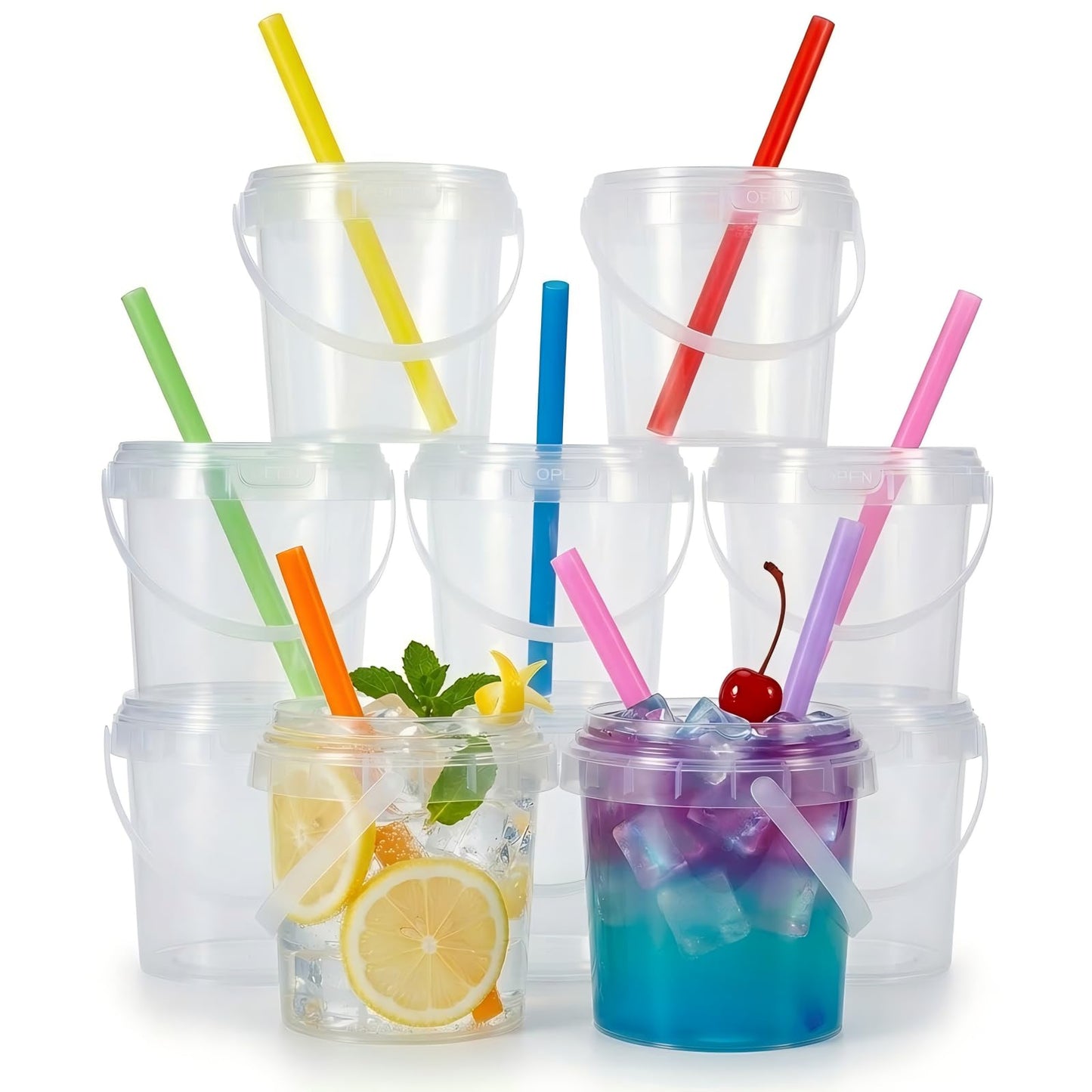 Airtight Clear Plastic Bucket with Lid, Ice Buckets for Parties, Reusable Ice Cream Tub with Handle, Food Storage Container, Food Grade Freezer and Microwave Safe for Sauce, Soup (16 OZ/500 ML)
