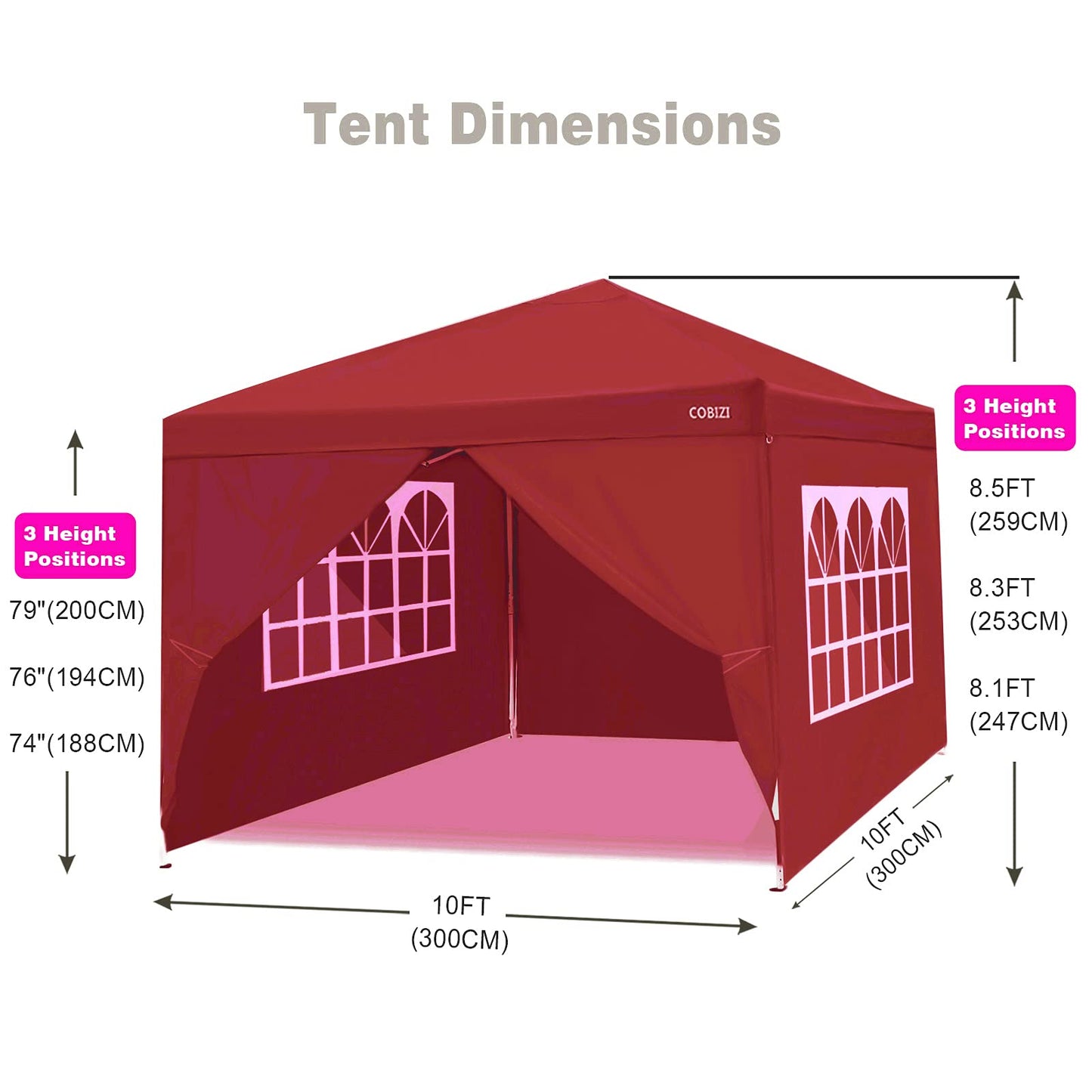 COBIZI 10x20 Pop Up Canopy Tent, Outdoor Party Tent with 4 Sidewalls, 1 Person Easy Set up, Tents for Parties with Fluorescent Strip & 4 Sandbags, Waterproof UPF50+, 3 Adjustable Height, Gray