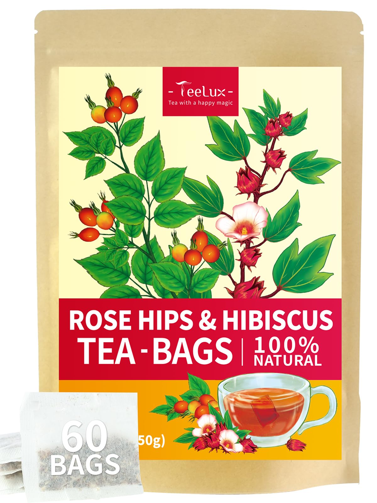 TeeLux Chamomile Tea Bags, 1.5g/bag, Pure Natural Chamomile Flowers Herbal Tea, Caffeine Free, 100 Count