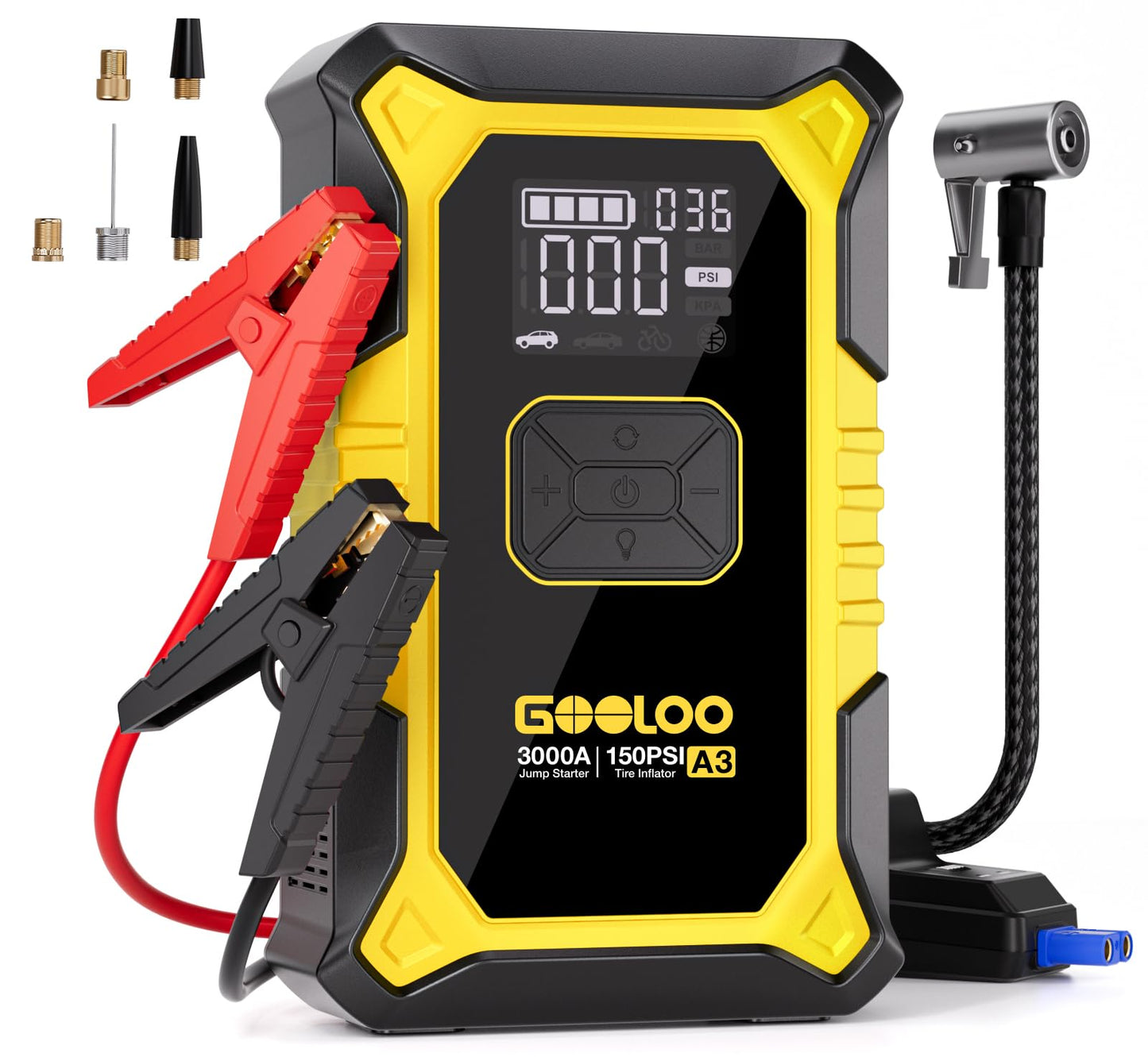 GOOLOO A3 Jump Starter with Air Compressor, 3000A Portable Car Battery Booster (9.0 Gas/6.5L Diesel) with 150PSI Auto-Shutoff Tire Inflator, 12V Supersafe Lithium Jump Box Car Battery Jumper Starter