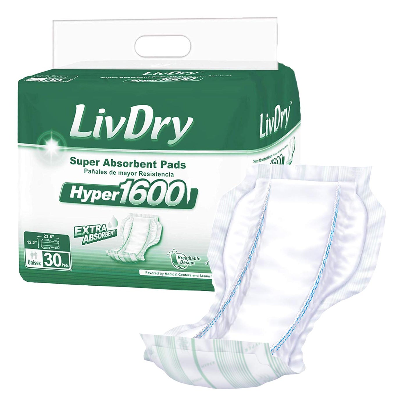 LivDry High Absorbency Pad Insert for Incontinence Briefs and Adult Diapers, Women and Men, Hyper 2400 (18 Count)