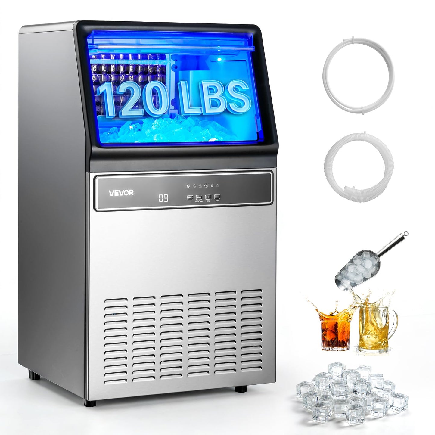 VEVOR Commercial Ice Maker Machine, 265 lbs/24h with 85 lbs Storage Capacity, Built-in/Freestanding/Under Counter, Stainless Steel Ice Maker with LED Display & Self-Cleaning, for Home Bar Restaurant