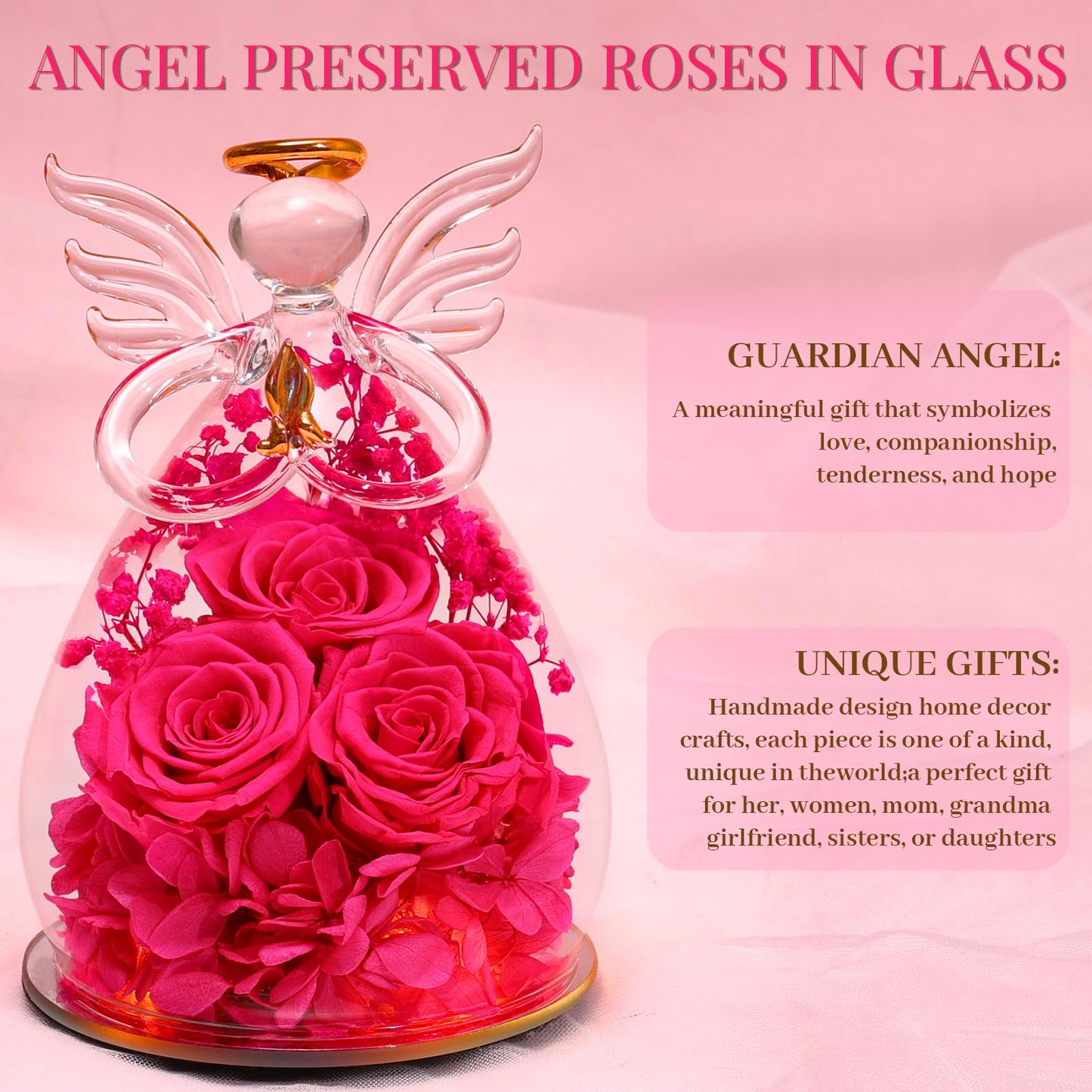 Beferr Mothers Day Mom Birthday Gifts for Women, Fresh Flowers for Delivery Forever Preserved Rose in Glass Angel Figurine, Anniversary Christian Real Rose for Grandma Nana Wife Mum from Daughter Son