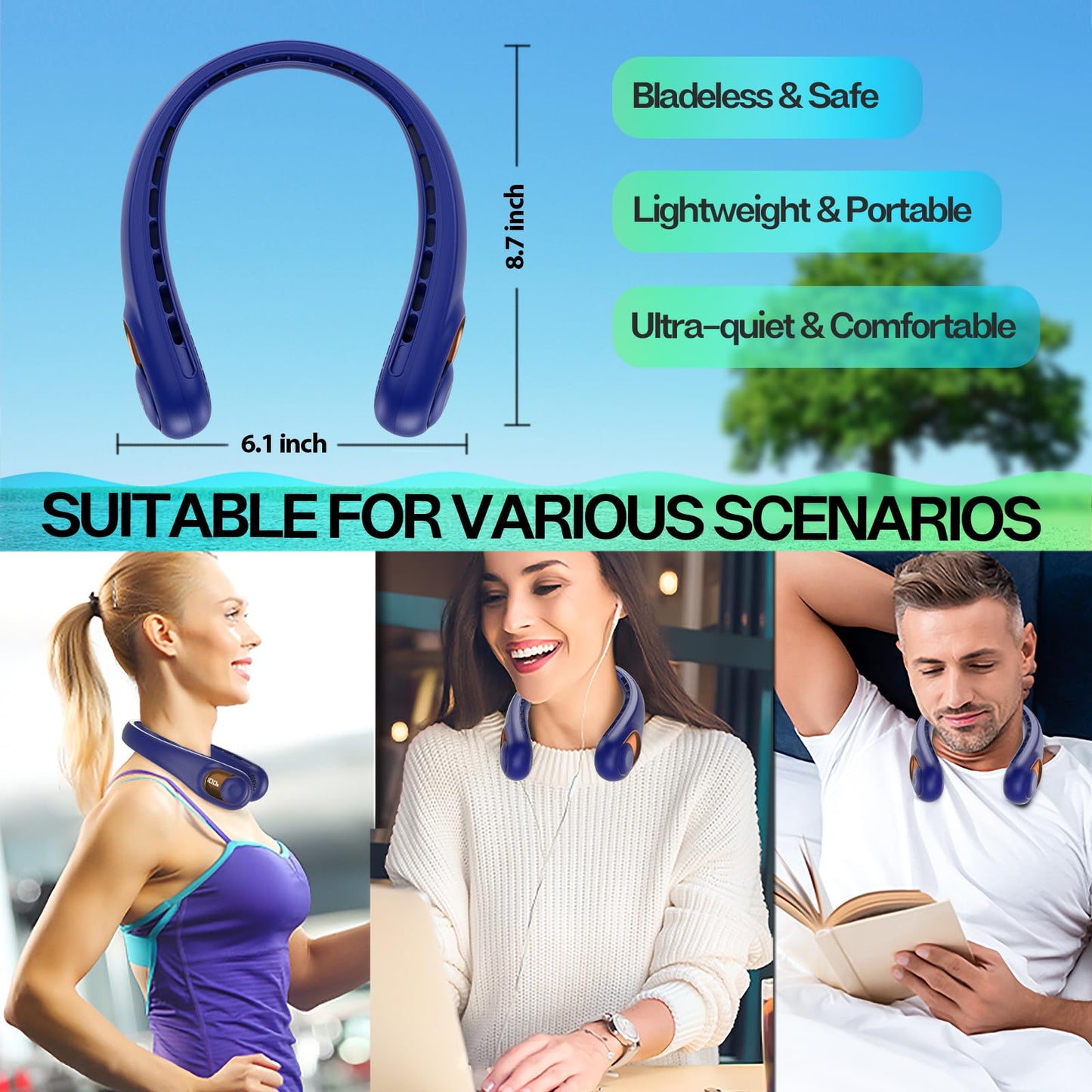 KIDEE Neck Fan, Bladeless Neck Fans Portable Rechargeable, Upgrade 360° Airflow, 3 Speeds, Headphone Design, 4000mAh Battery Operated Personal Wearable Fan Hands Free for Travel Indoor Outdoor