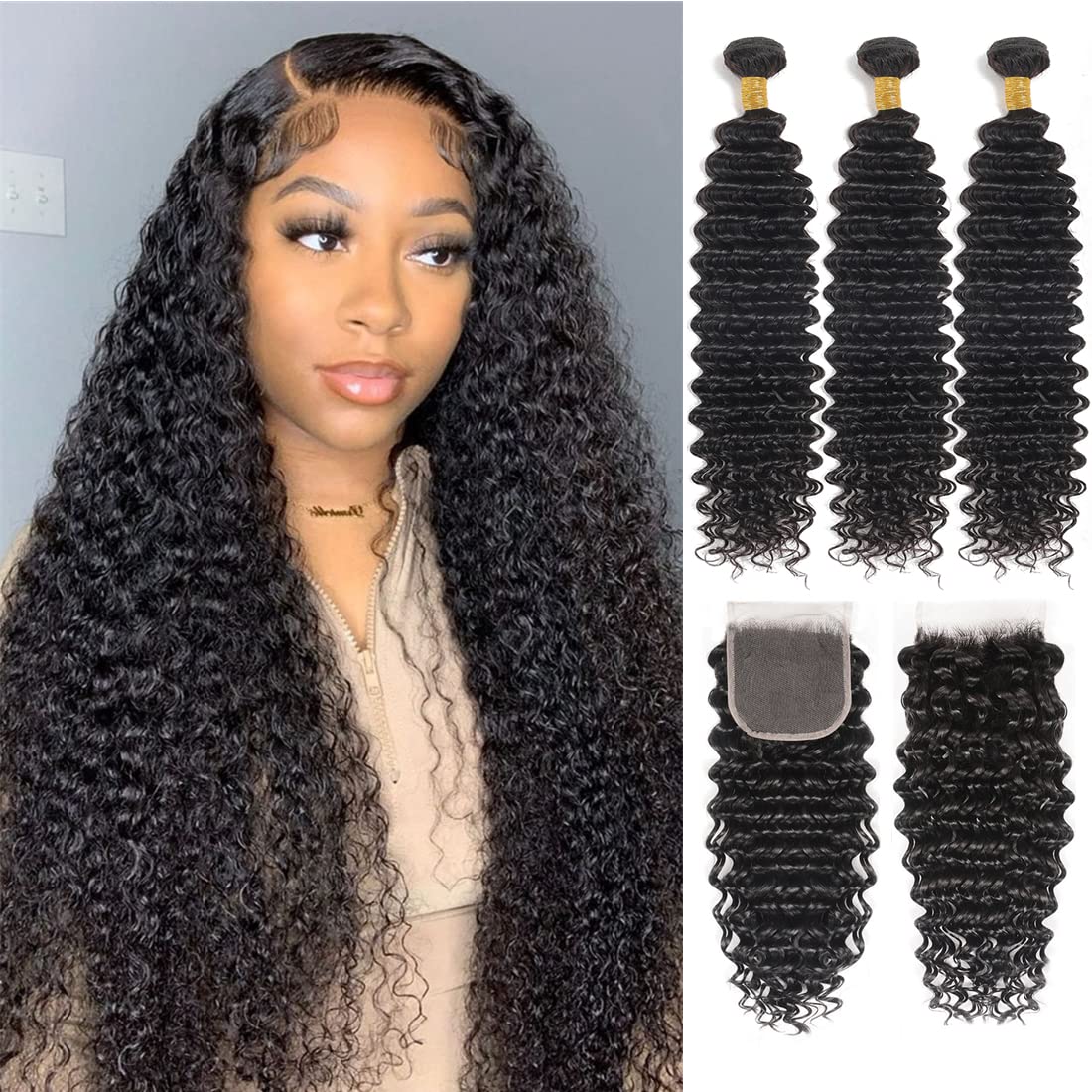 Closure with Bundles (16 18 20 22+14 Closure) Free Part Deep Wave 4 Bundles with 4x4 Lace Closure 100% Unprocessed Brazilian Virgin Remy Hair Curly Bundles Hair Extension Double Weft Natural Color