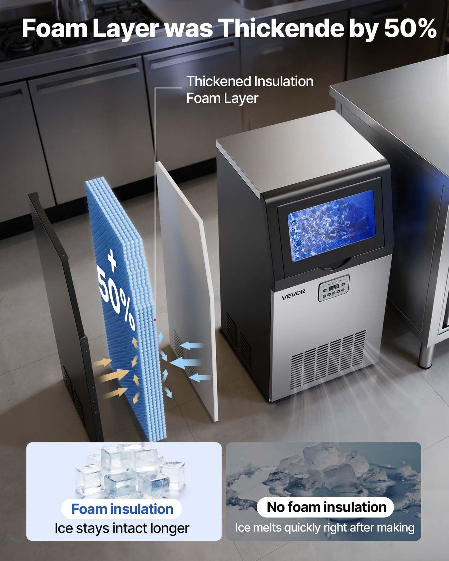 VEVOR Commercial Ice Maker Machine, 265 lbs/24h with 85 lbs Storage Capacity, Built-in/Freestanding/Under Counter, Stainless Steel Ice Maker with LED Display & Self-Cleaning, for Home Bar Restaurant