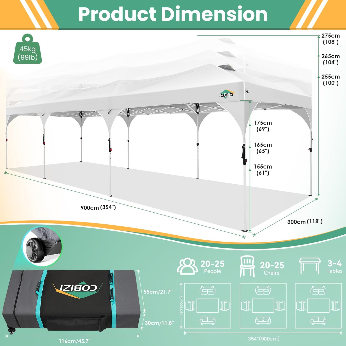 COBIZI 10x20 Pop Up Canopy Tent, Outdoor Party Tent with 4 Sidewalls, 1 Person Easy Set up, Tents for Parties with Fluorescent Strip & 4 Sandbags, Waterproof UPF50+, 3 Adjustable Height, Gray