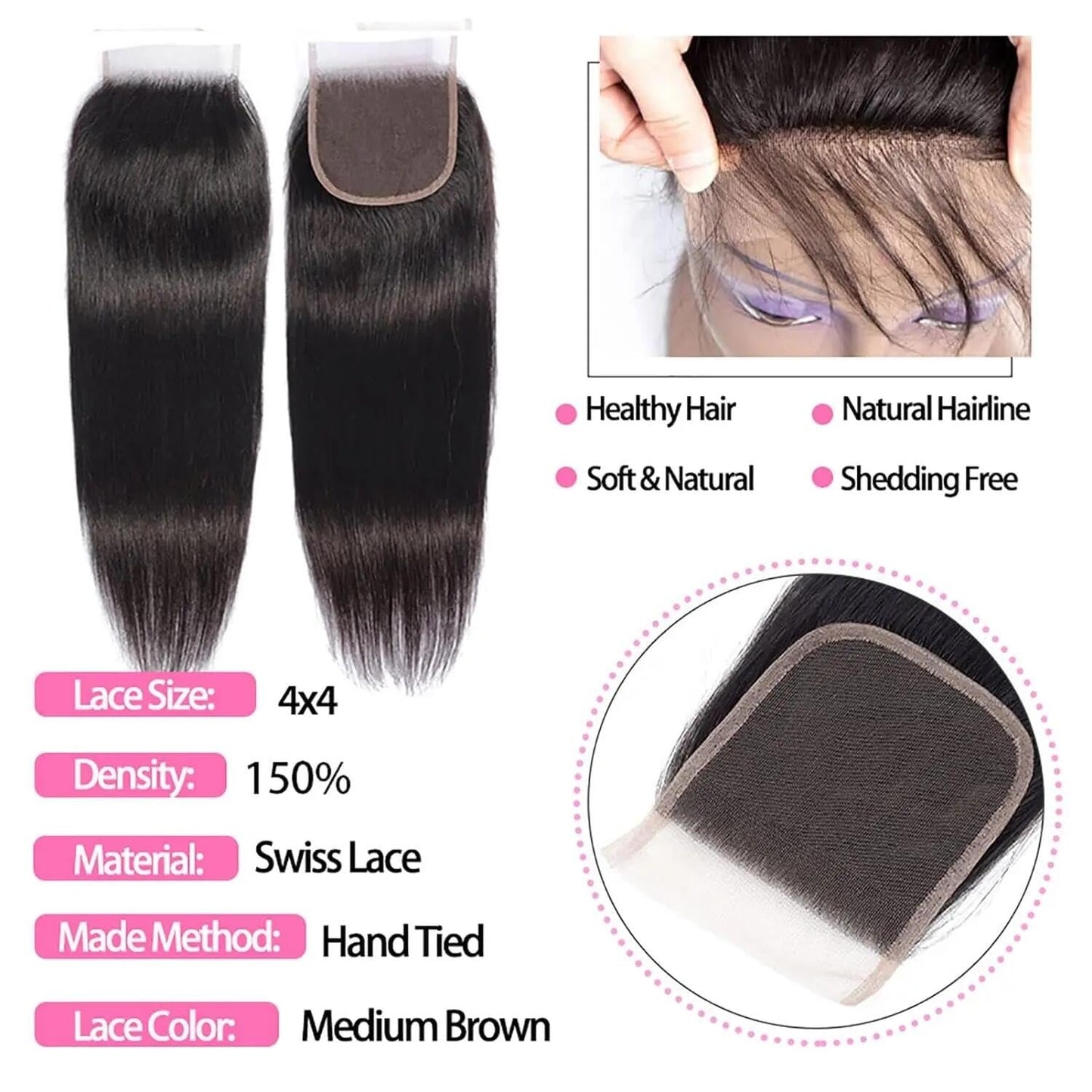 Straight 4 Bundles With Closure Human Hair 18 20 22 24+16 Inch 100% Unprocessed Black Brazilian Hair Extensions Pre Plucked With Baby Hair 4X4 HD Lace Closure