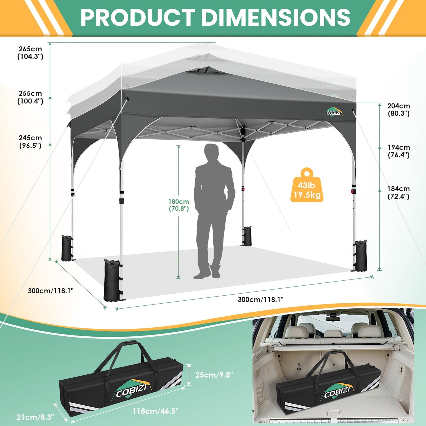 COBIZI 10x20 Pop Up Canopy Tent, Outdoor Party Tent with 4 Sidewalls, 1 Person Easy Set up, Tents for Parties with Fluorescent Strip & 4 Sandbags, Waterproof UPF50+, 3 Adjustable Height, Gray