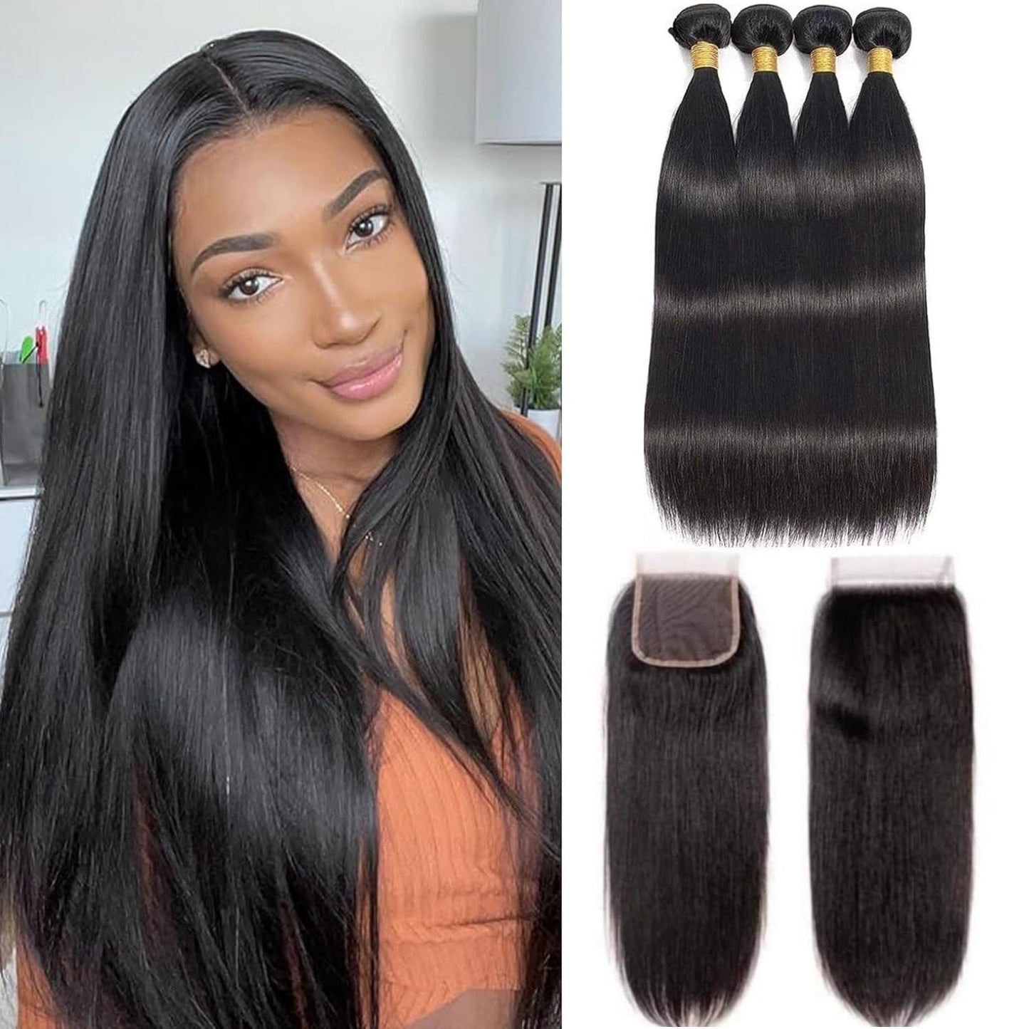 Straight 4 Bundles With Closure Human Hair 18 20 22 24+16 Inch 100% Unprocessed Black Brazilian Hair Extensions Pre Plucked With Baby Hair 4X4 HD Lace Closure
